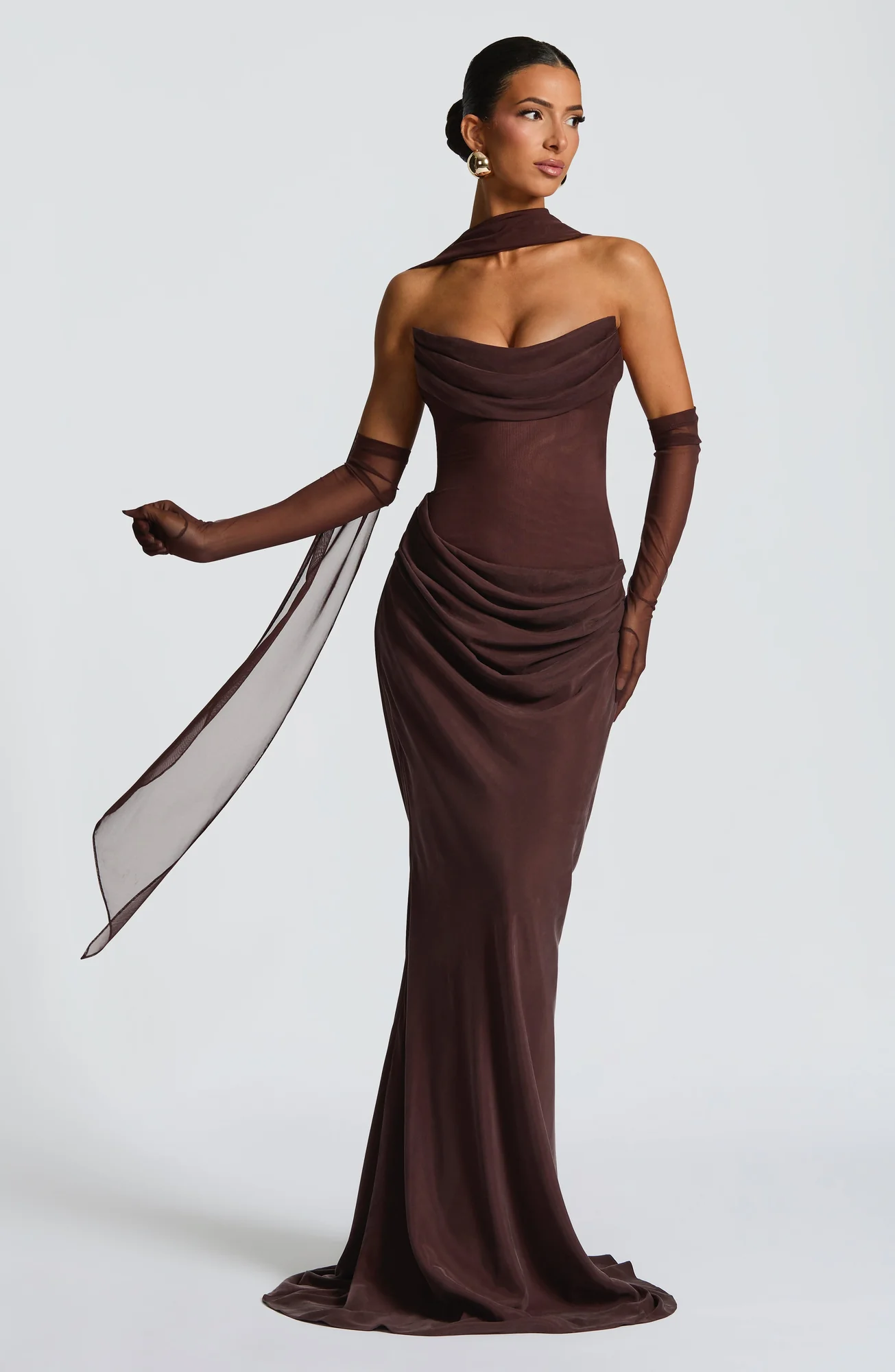 Plum Brown Strapless Maxi Dress with Lace-Up Back