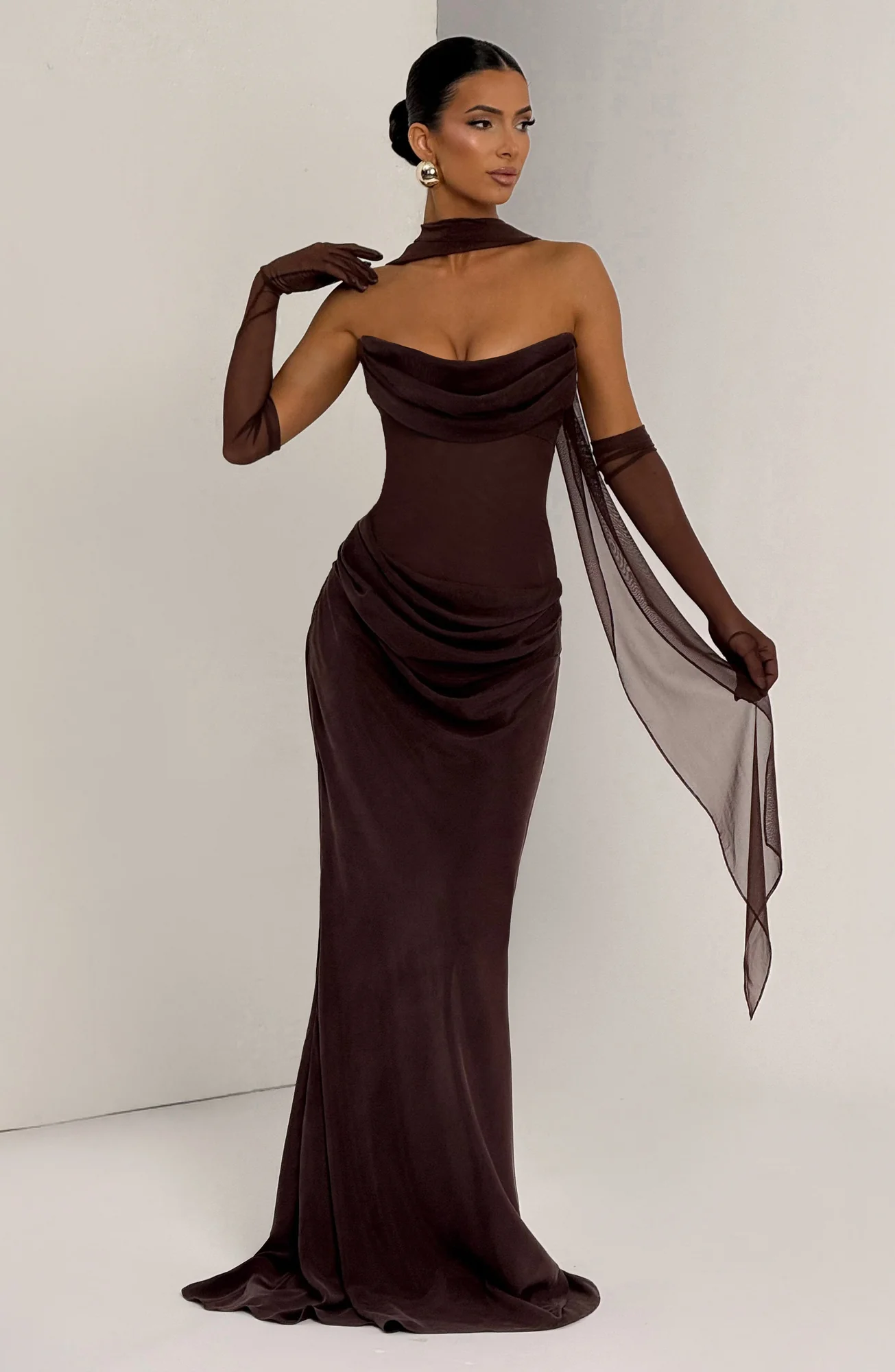 Plum Brown Strapless Maxi Dress with Lace-Up Back