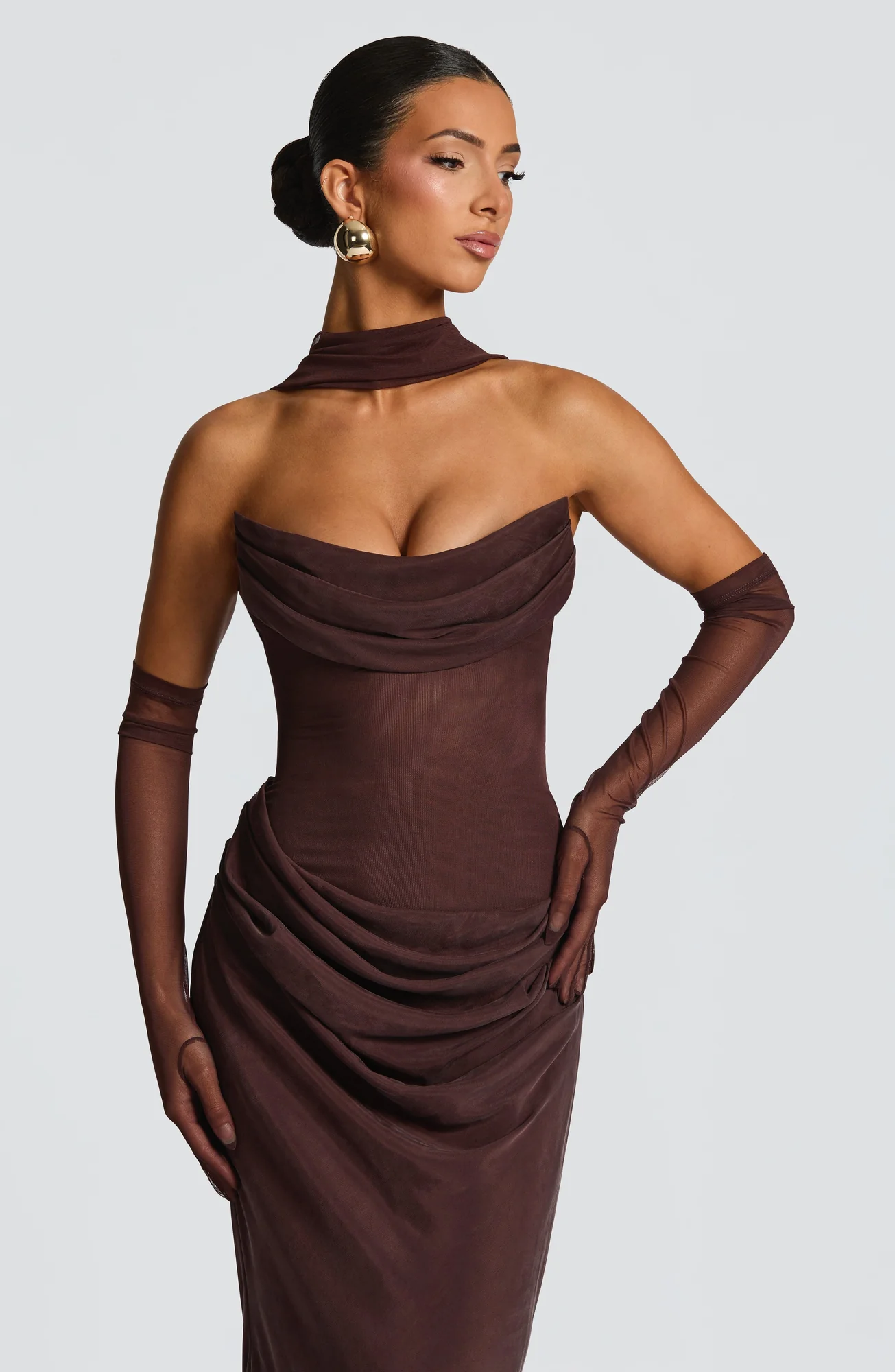 Plum Brown Strapless Maxi Dress with Lace-Up Back