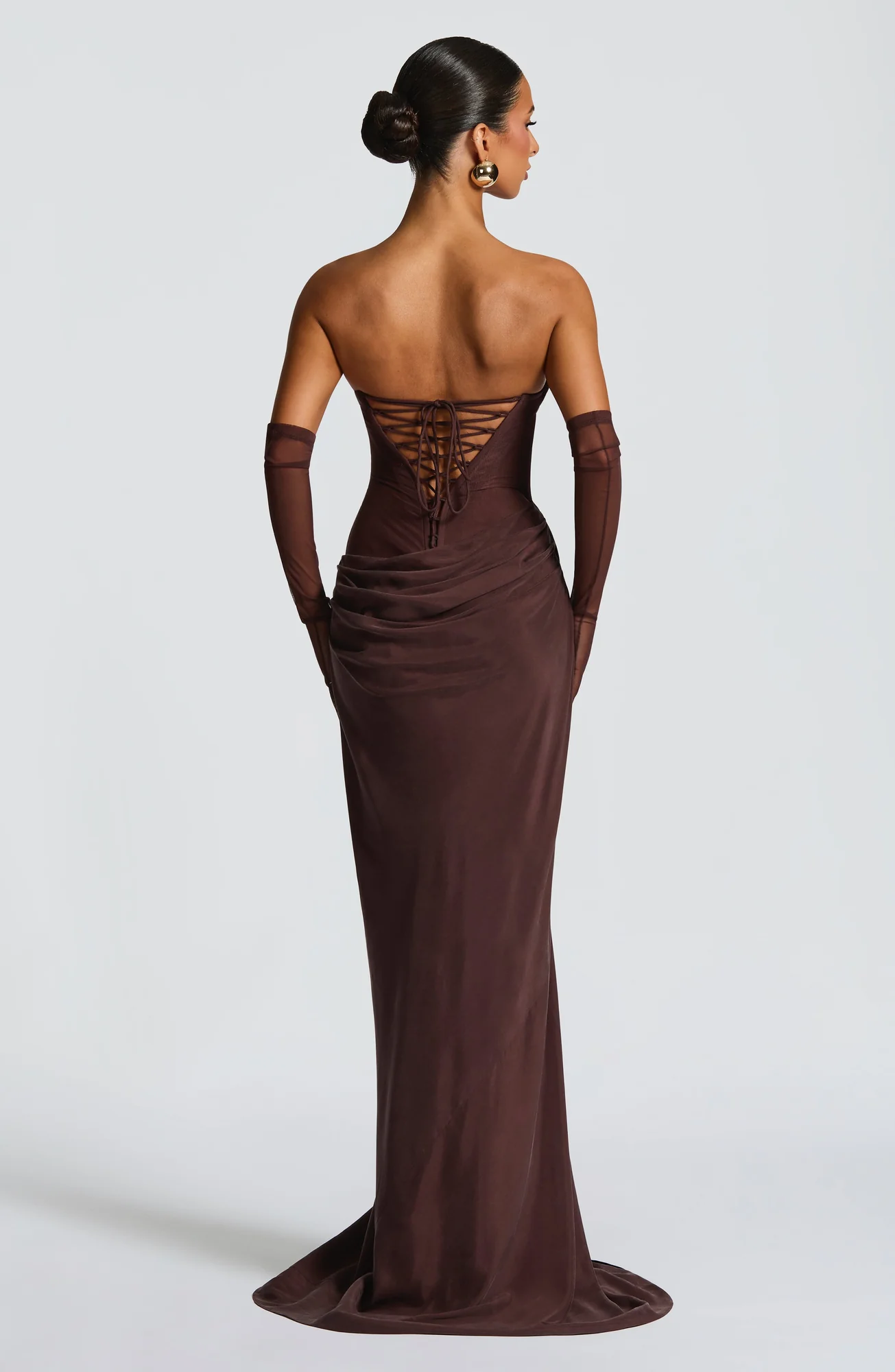 Plum Brown Strapless Maxi Dress with Lace-Up Back