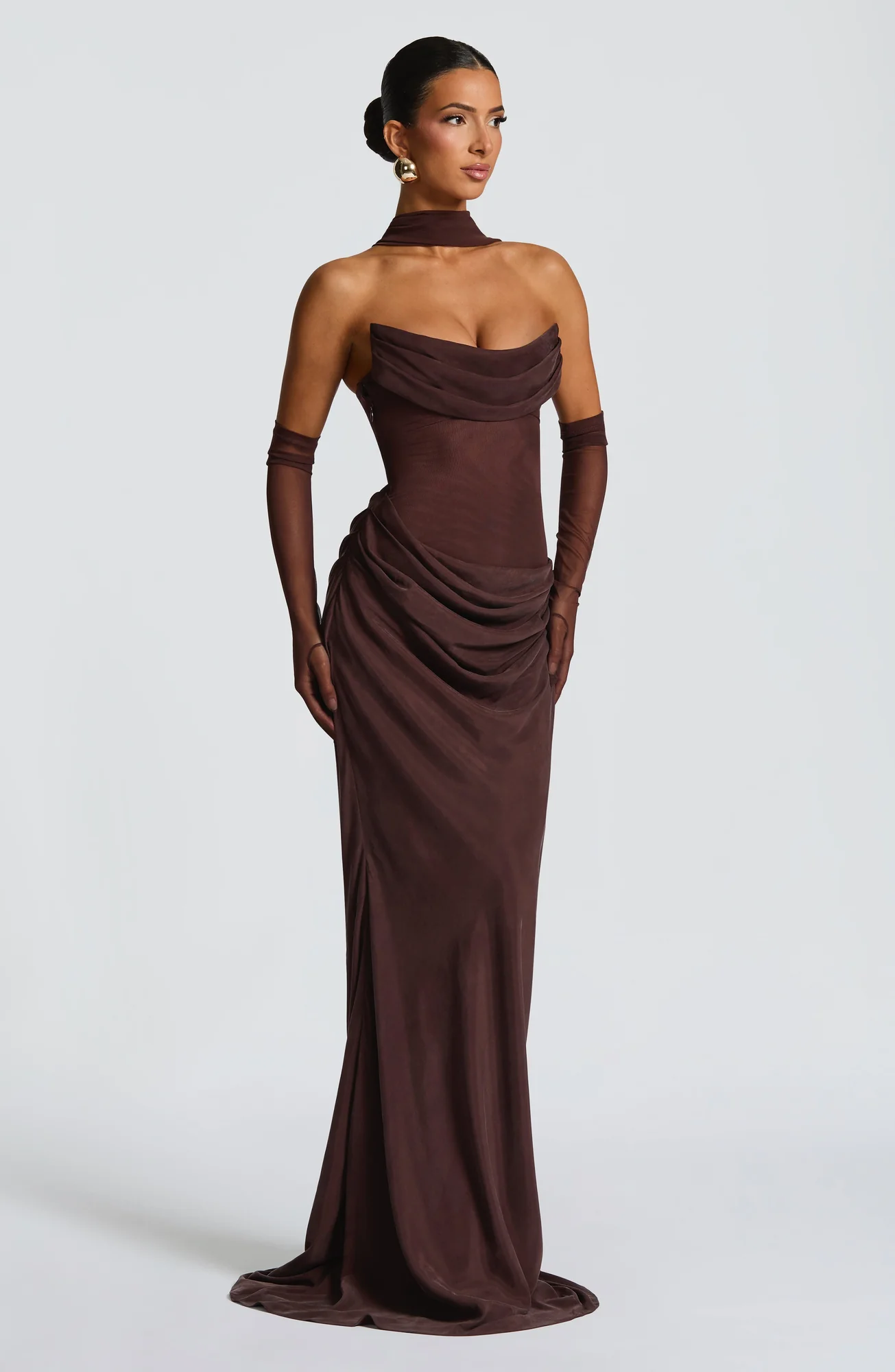Plum Brown Strapless Maxi Dress with Lace-Up Back