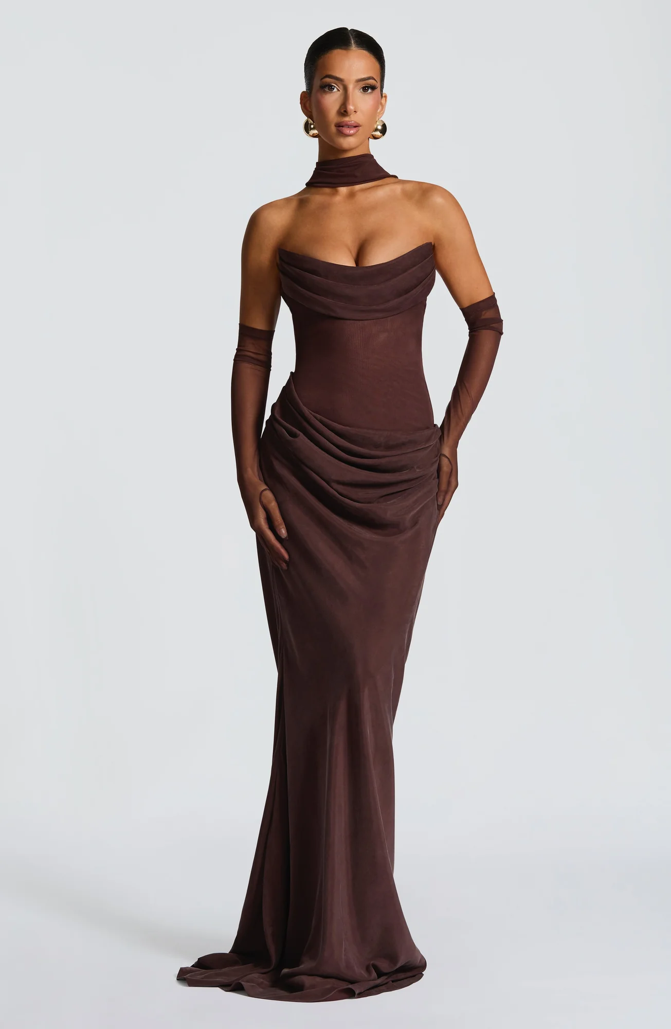 Plum Brown Strapless Maxi Dress with Lace-Up Back