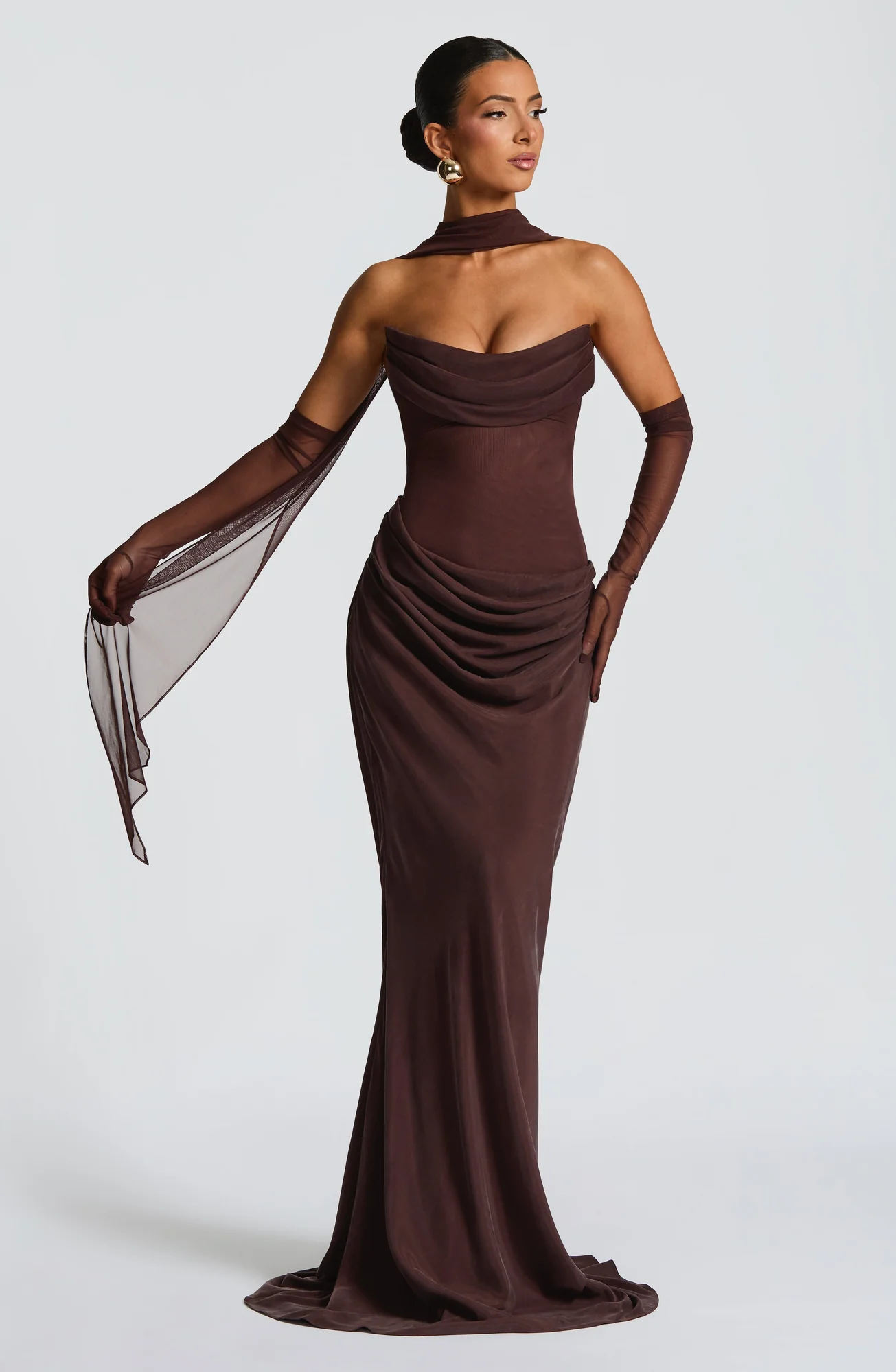 Plum Brown Strapless Maxi Dress with Lace-Up Back