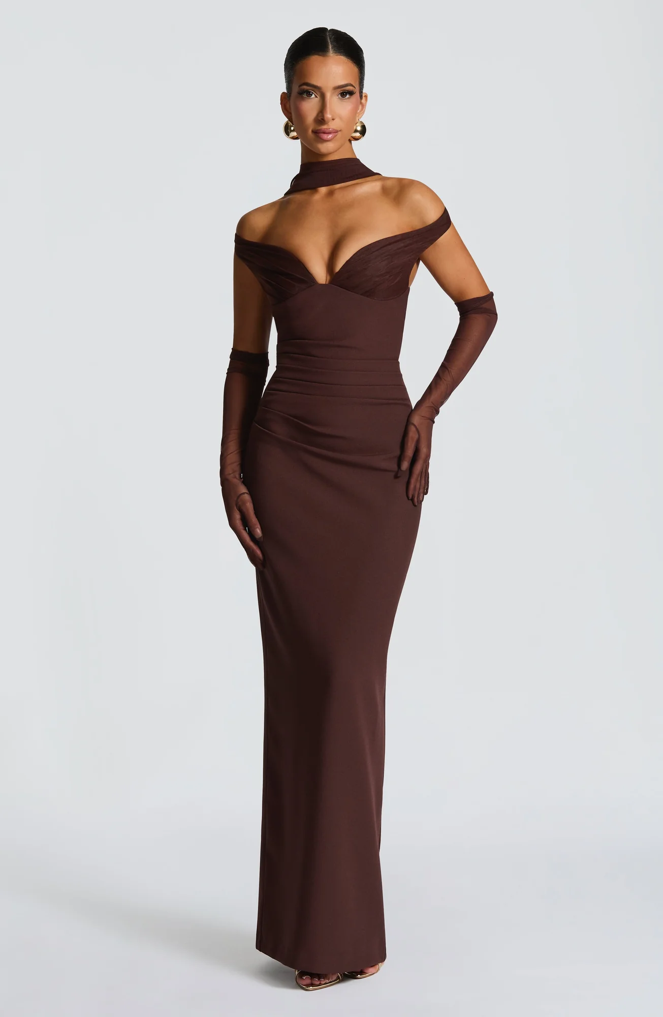 Elegant Plum Brown Maxi Dress with Bardot Neckline