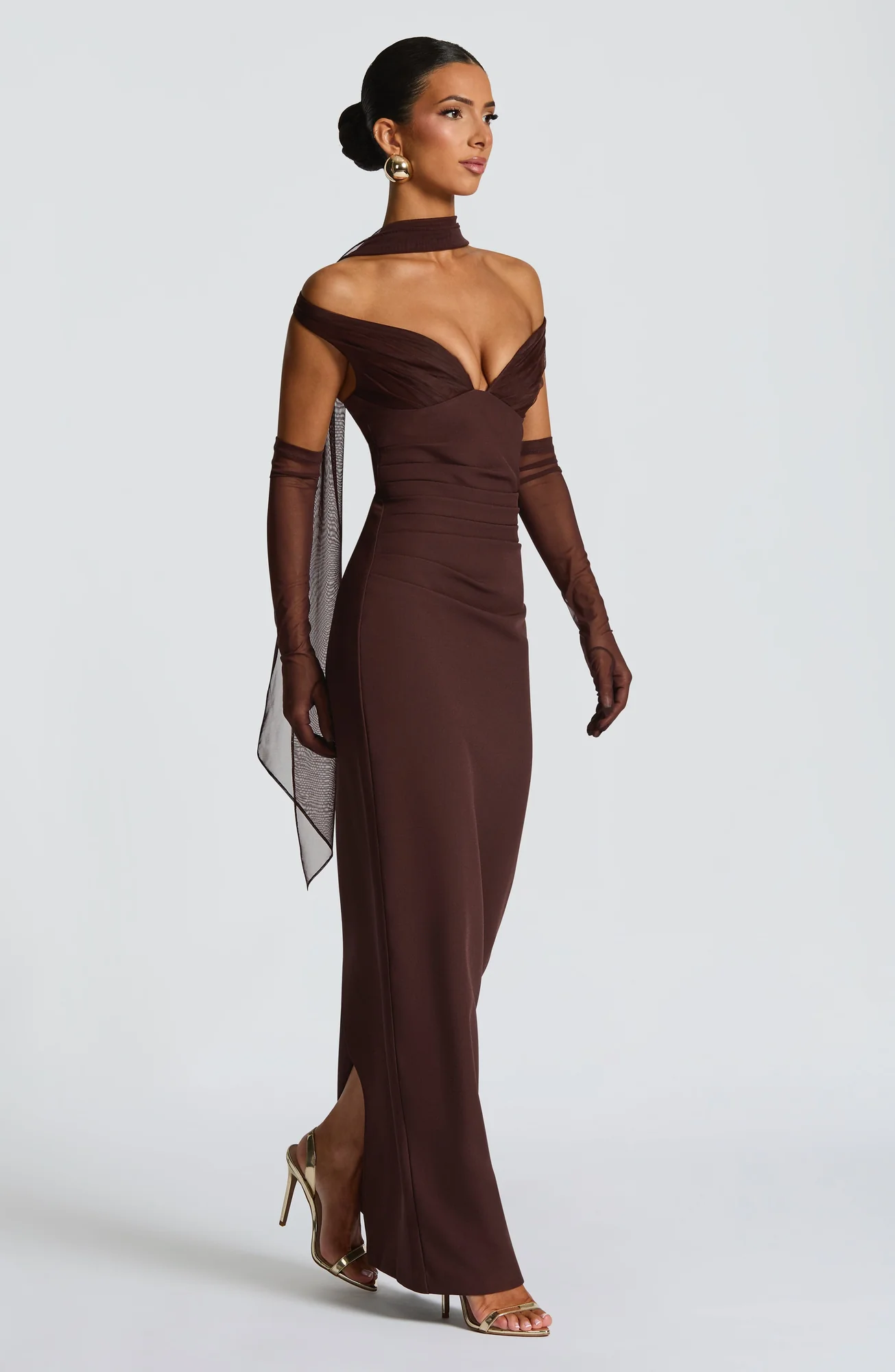 Elegant Plum Brown Maxi Dress with Bardot Neckline