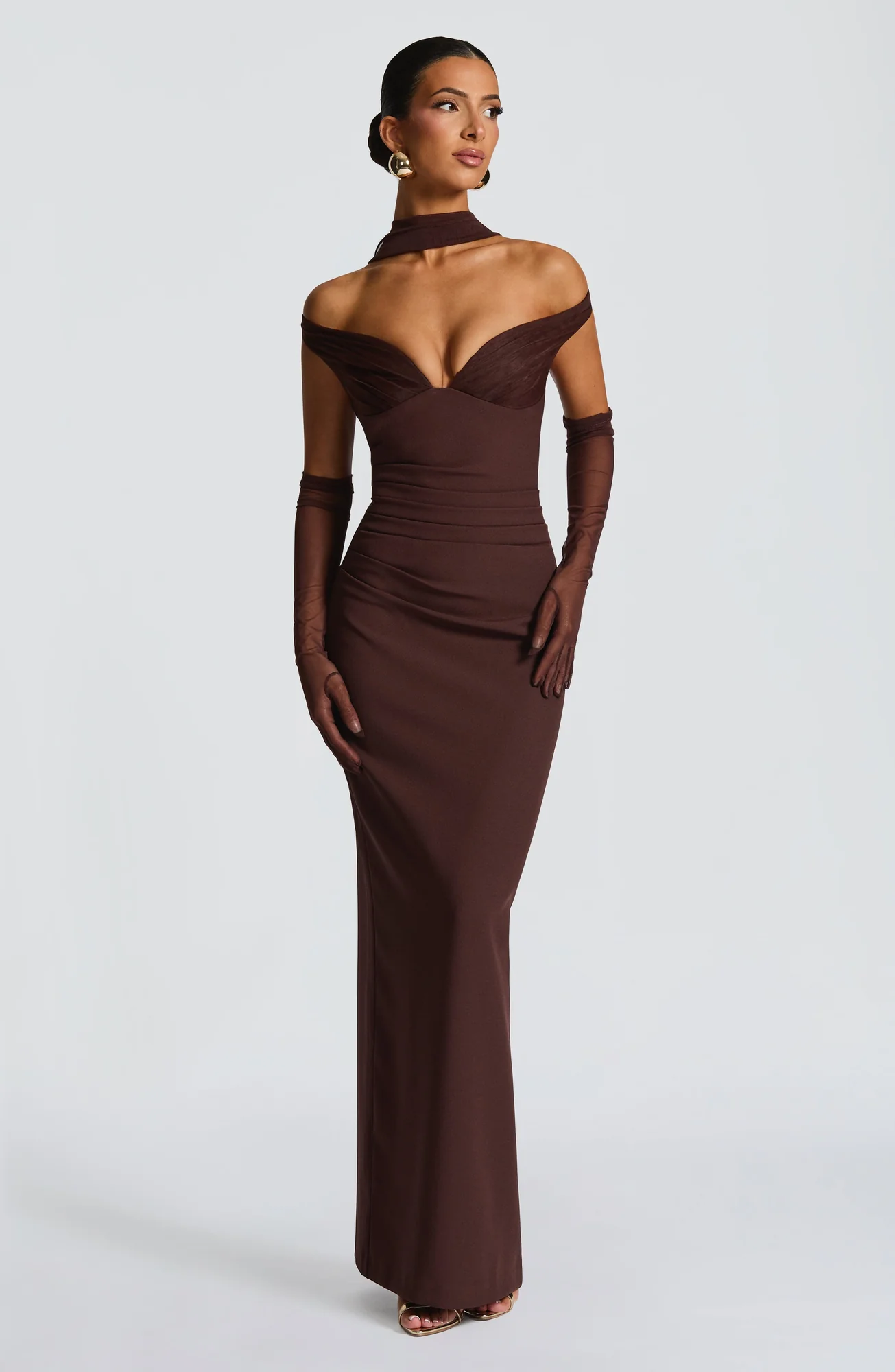 Elegant Plum Brown Maxi Dress with Bardot Neckline