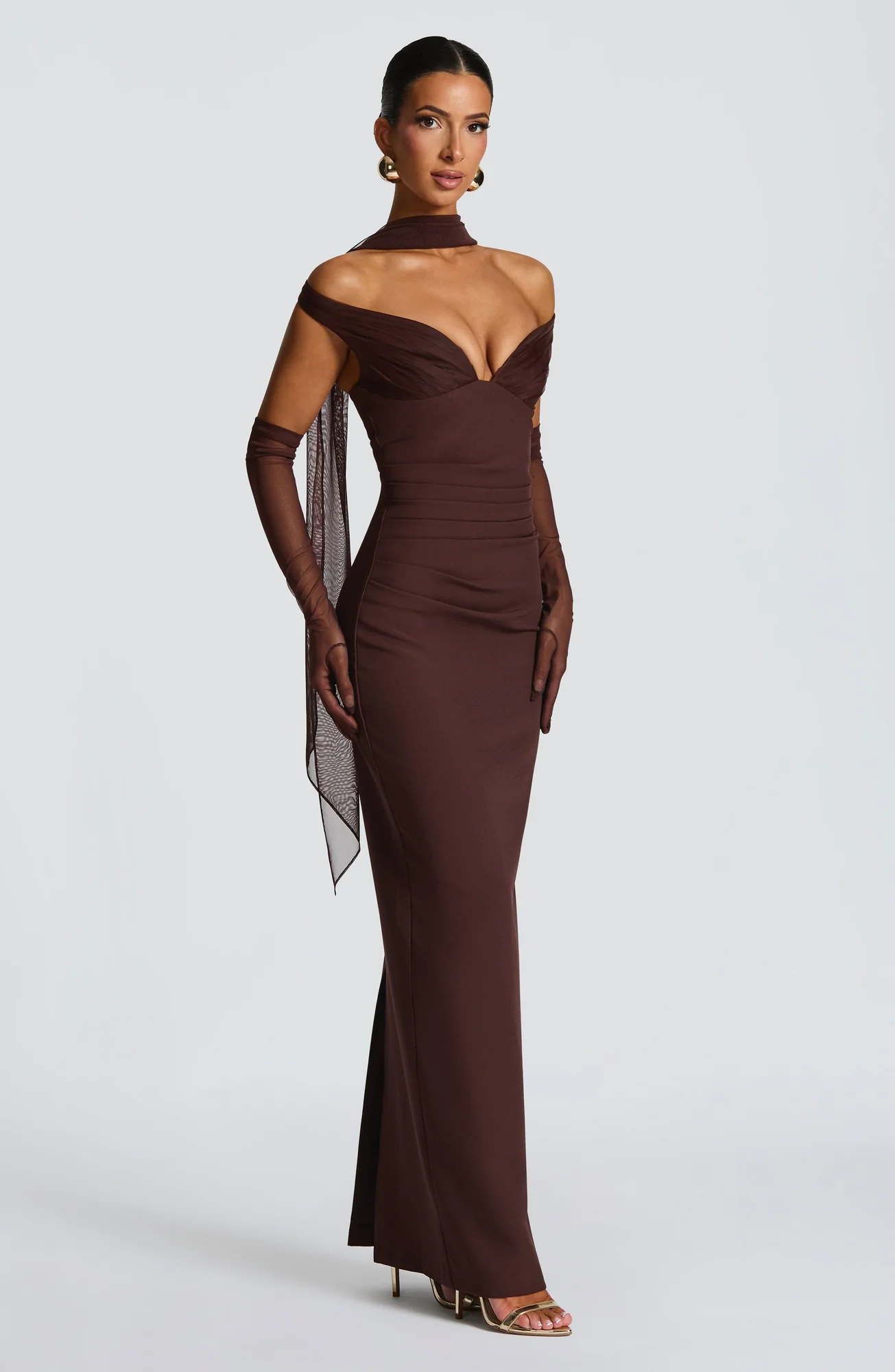 Elegant Plum Brown Maxi Dress with Bardot Neckline