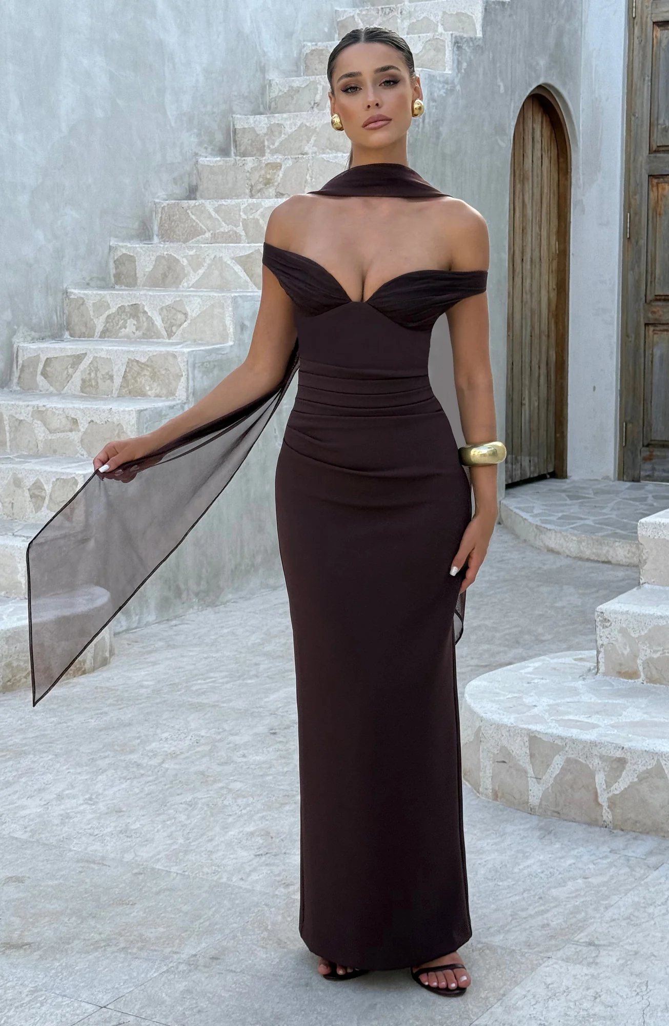 Elegant Plum Brown Maxi Dress with Bardot Neckline