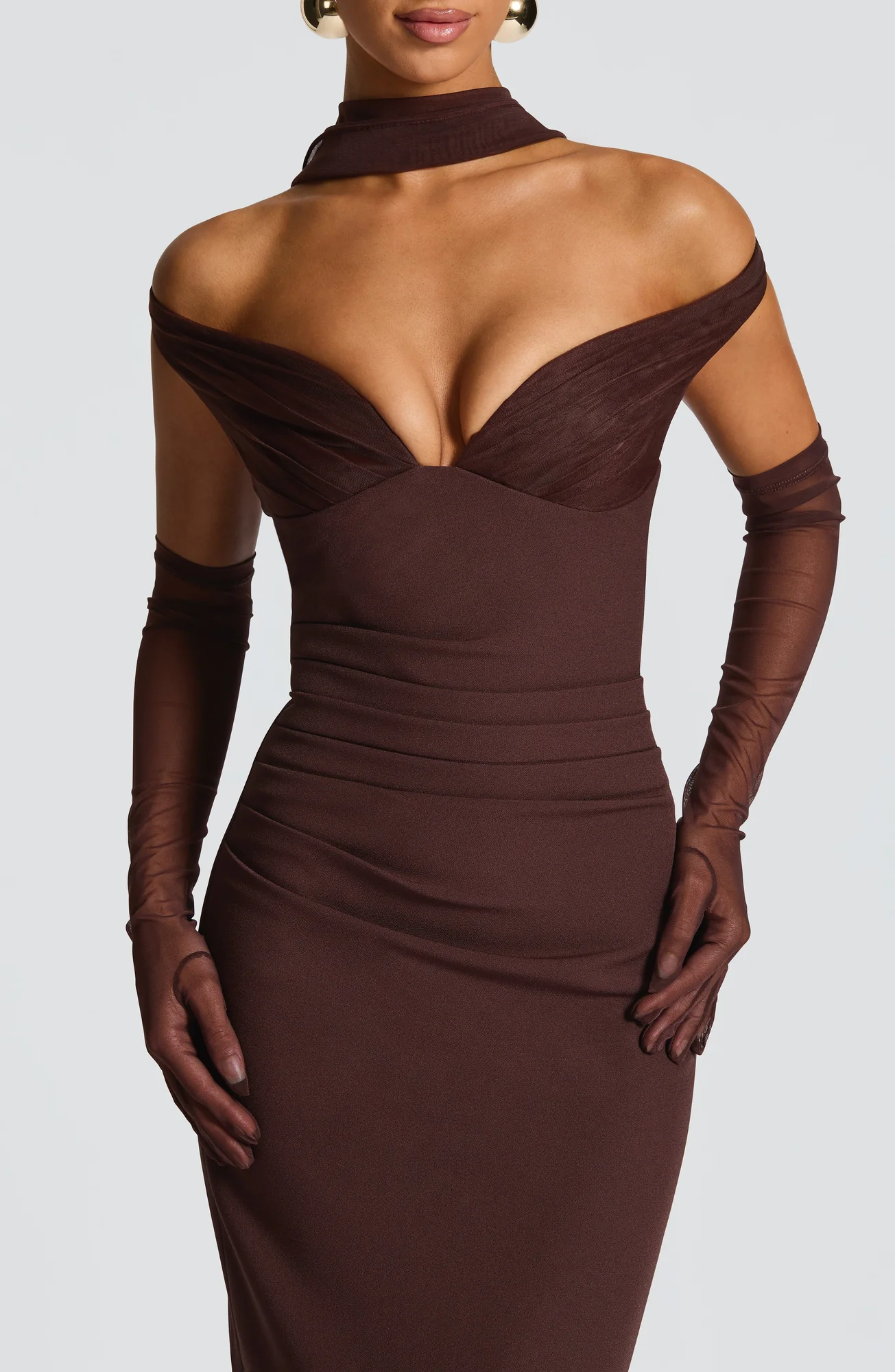 Elegant Plum Brown Maxi Dress with Bardot Neckline