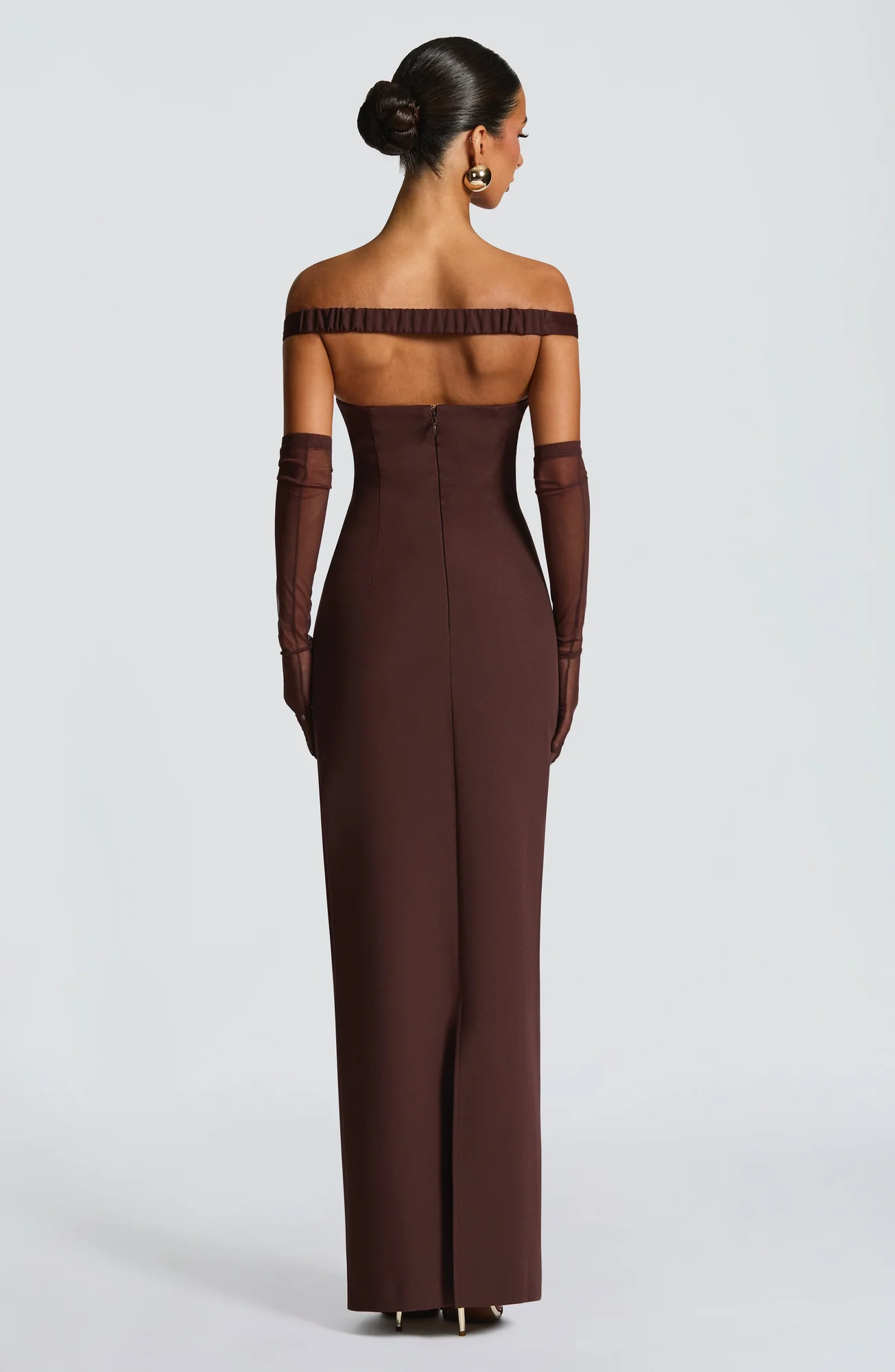 Elegant Plum Brown Maxi Dress with Bardot Neckline