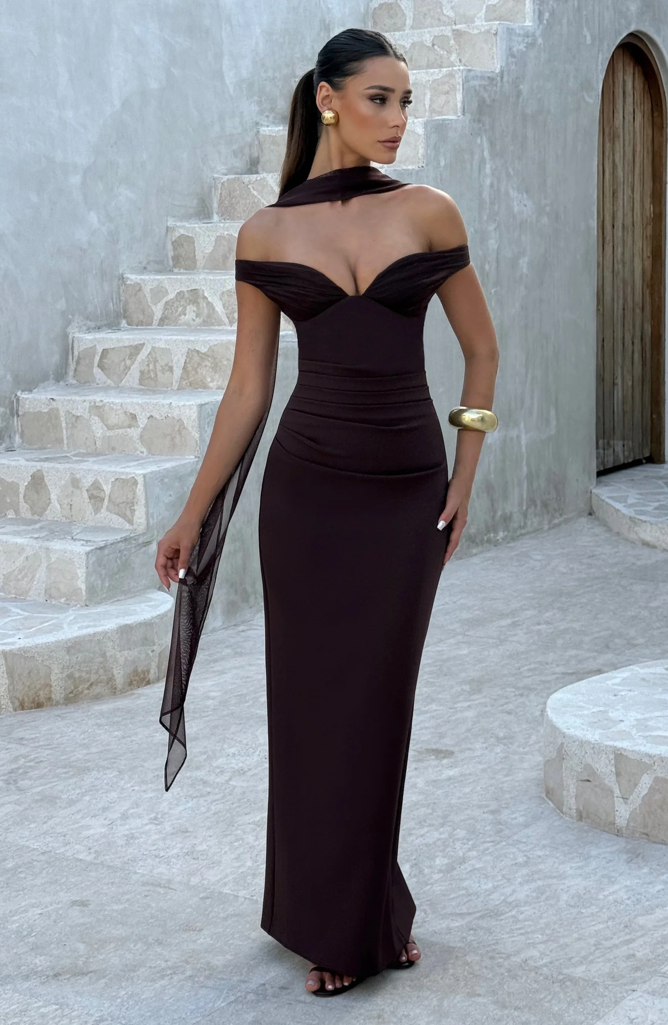 Elegant Plum Brown Maxi Dress with Bardot Neckline