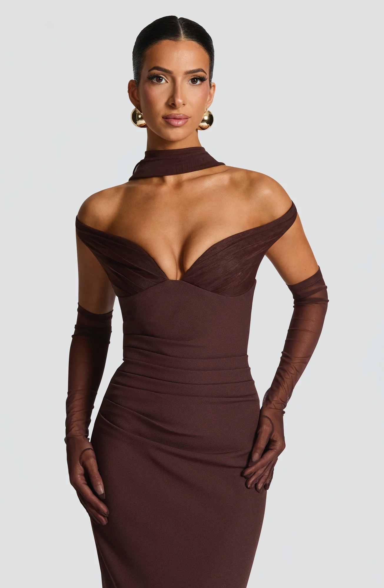 Elegant Plum Brown Maxi Dress with Bardot Neckline