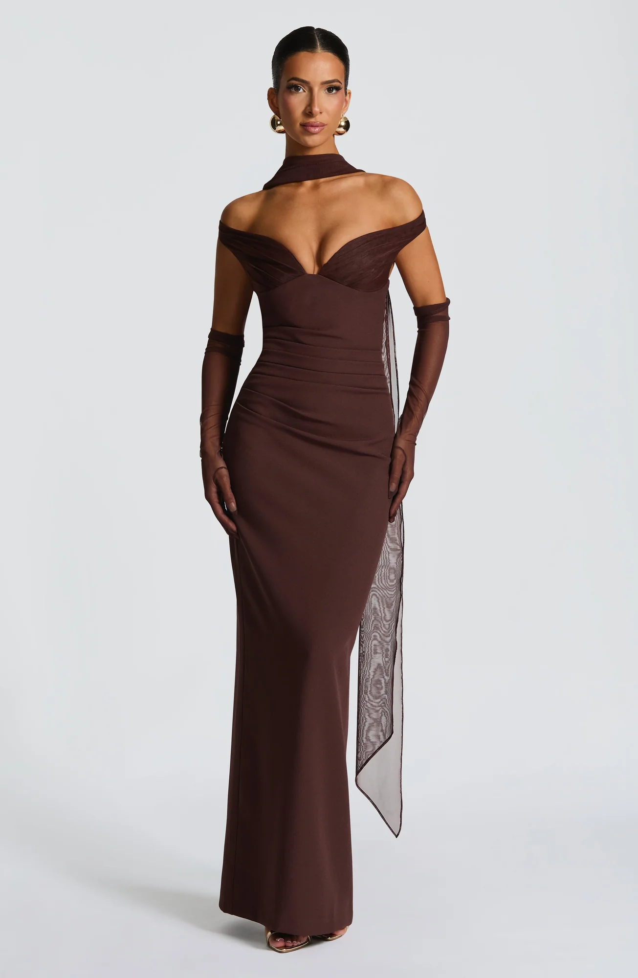 Elegant Plum Brown Maxi Dress with Bardot Neckline