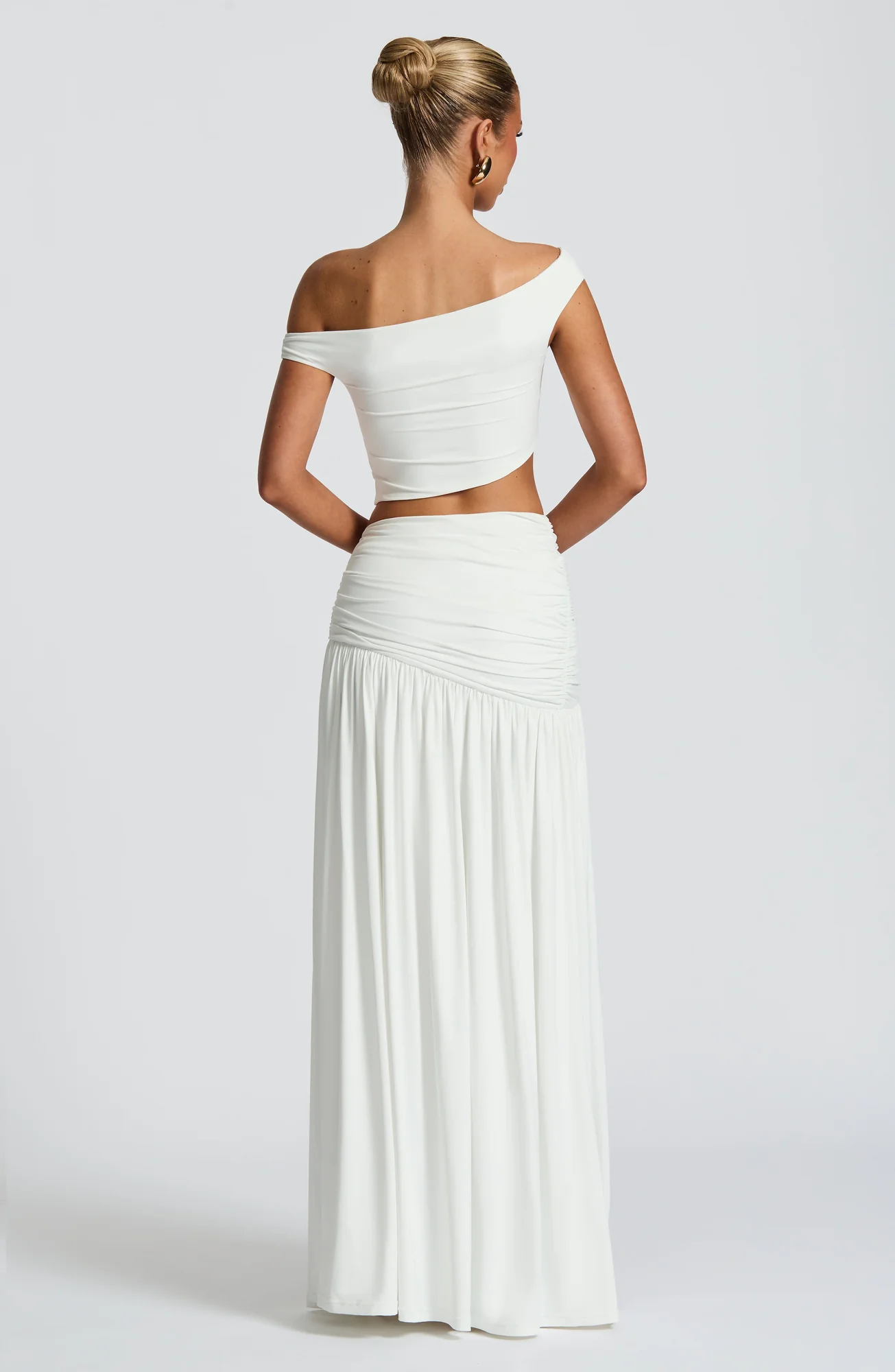 White Slinky Jersey Maxi Skirt with Ruched Asymmetric Panel