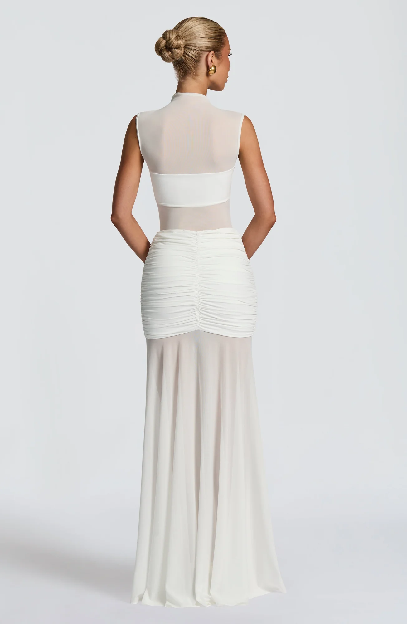 White Sheer Mesh Maxi Skirt with Ruched Hips - Elegant Statement Piece