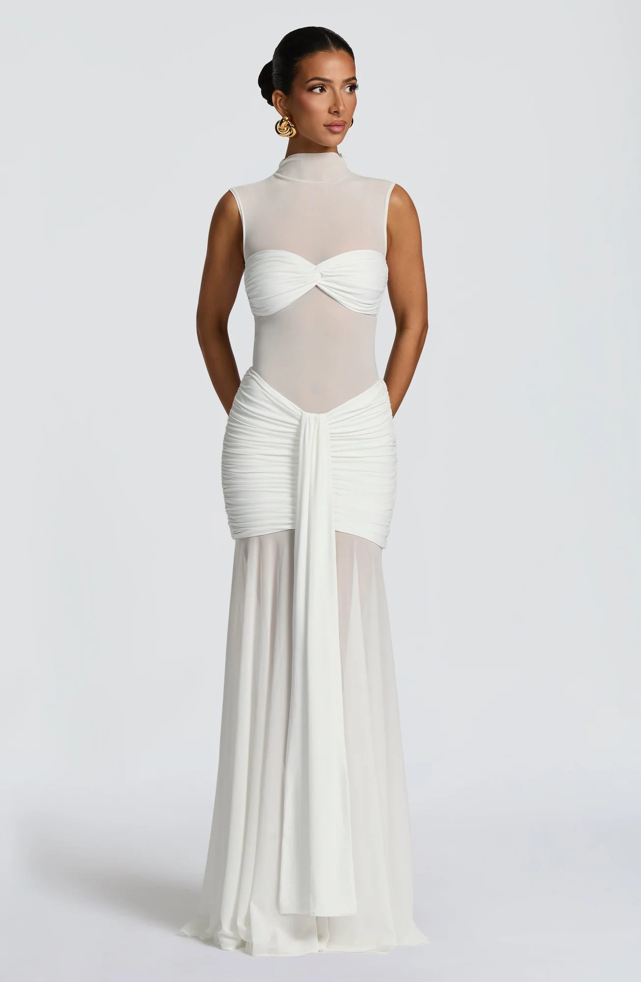 White Sheer Mesh Maxi Skirt with Ruched Hips - Elegant Statement Piece