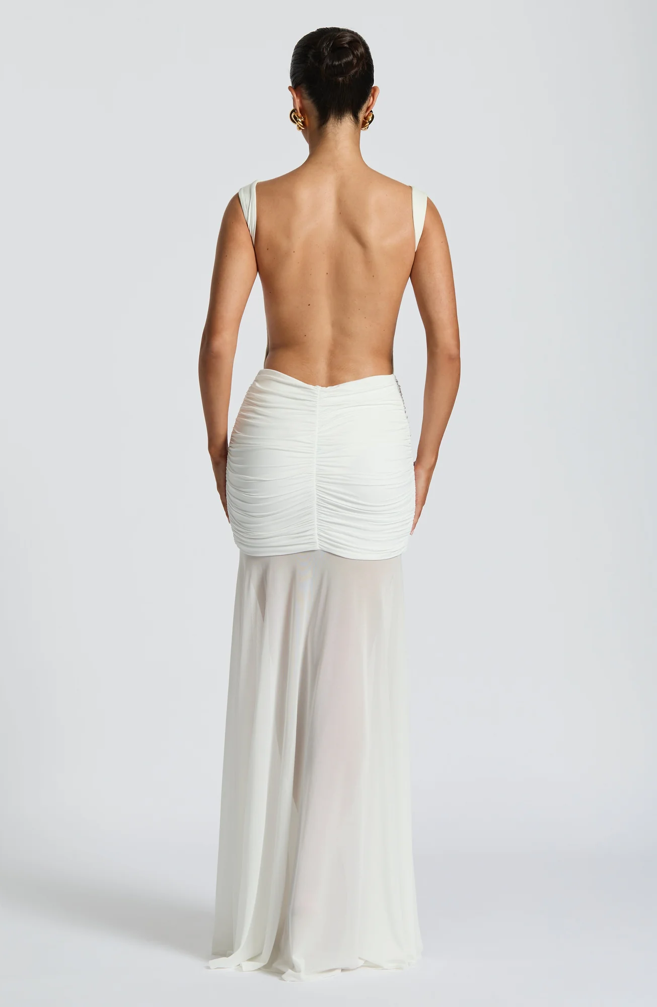 White Sheer Mesh Maxi Skirt with Ruched Hips - Elegant Statement Piece