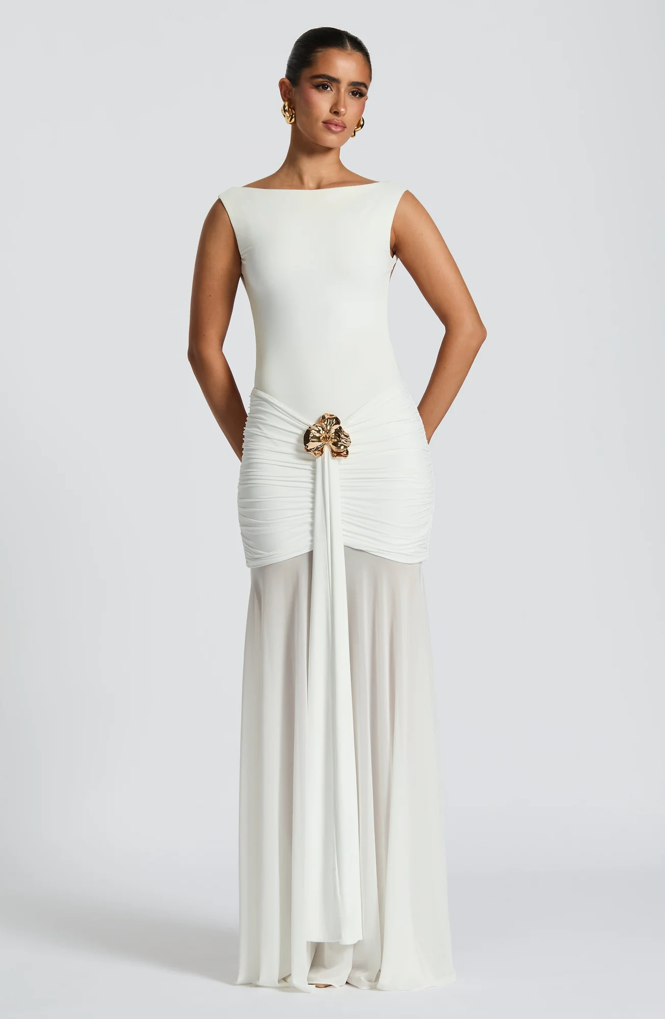 White Sheer Mesh Maxi Skirt with Ruched Hips - Elegant Statement Piece