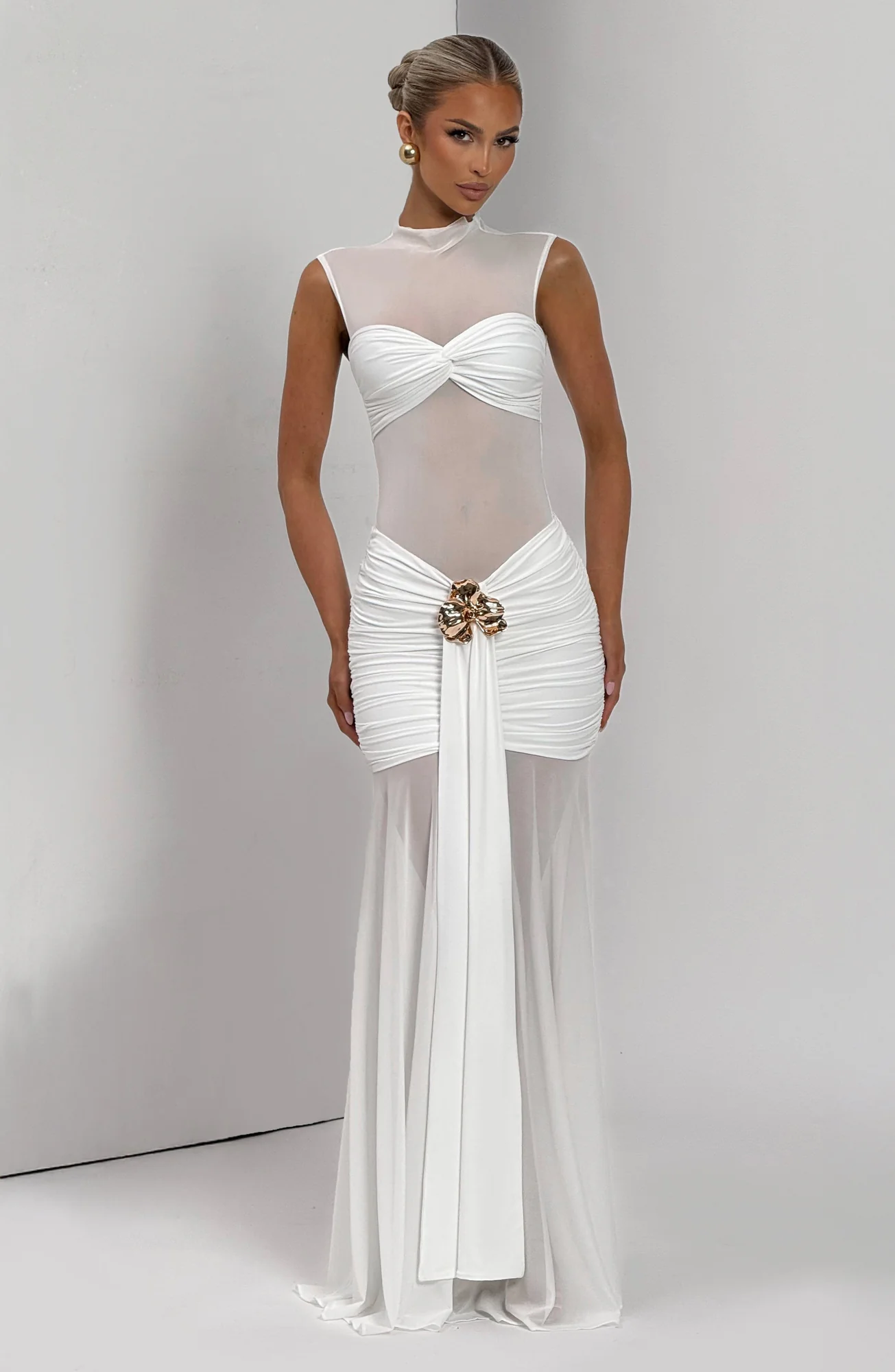 White Sheer Mesh Maxi Skirt with Ruched Hips - Elegant Statement Piece