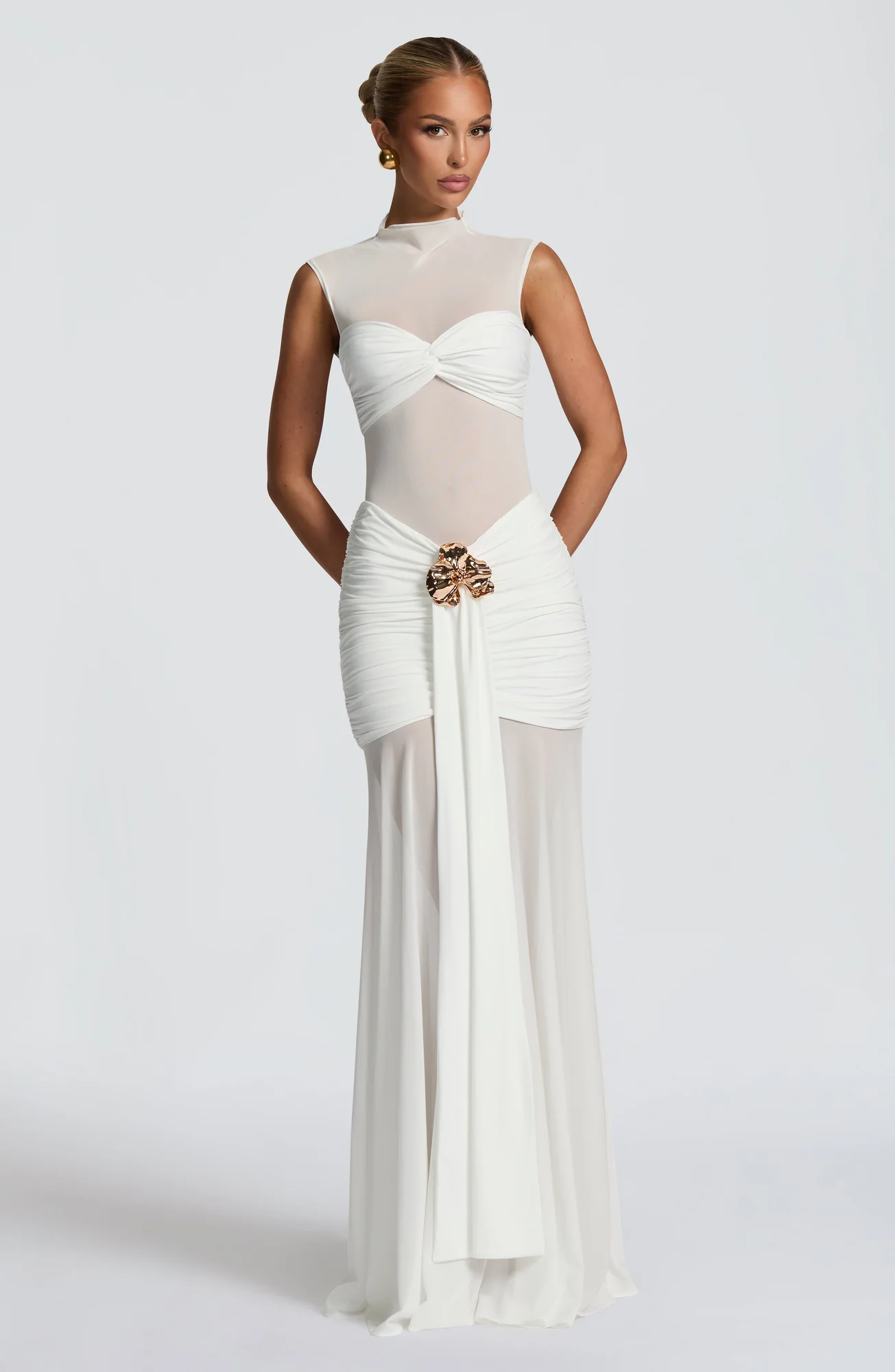 White Sheer Mesh Maxi Skirt with Ruched Hips - Elegant Statement Piece