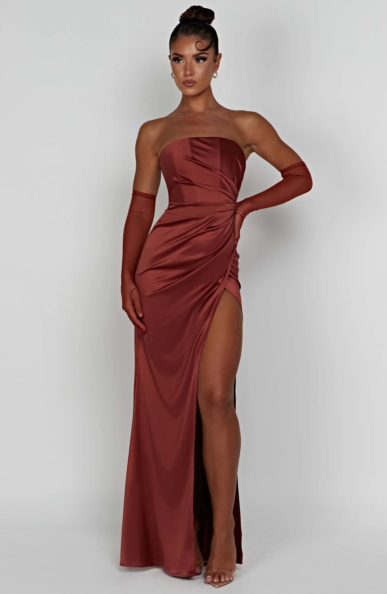 Rust Satin Maxi Dress with Hidden Corset Detail