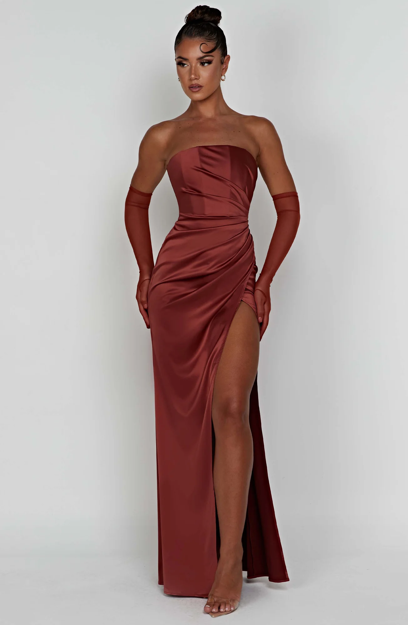 Rust Satin Maxi Dress with Hidden Corset Detail