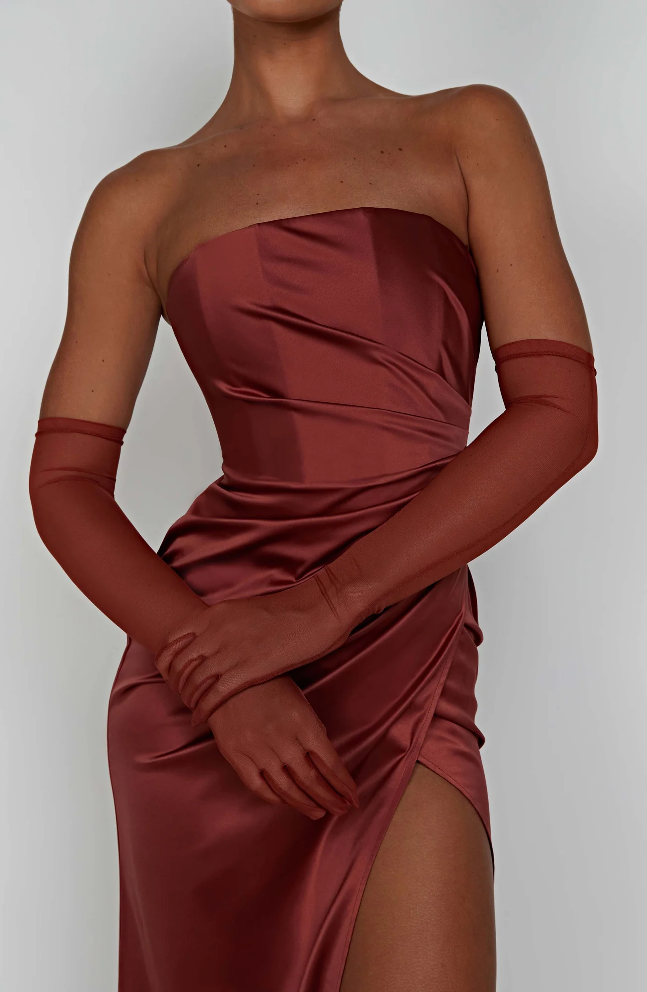 Rust Satin Maxi Dress with Hidden Corset Detail
