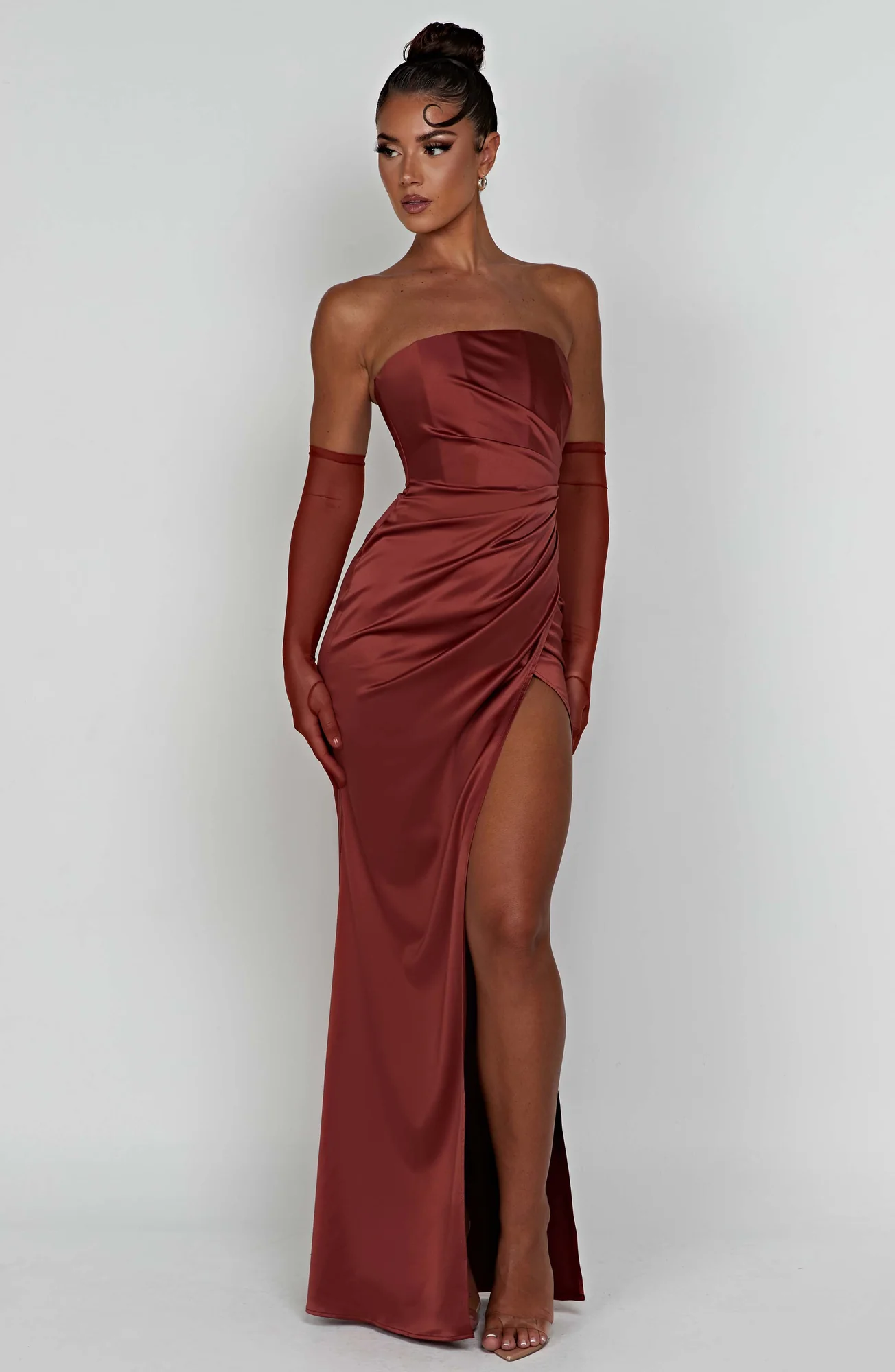 Rust Satin Maxi Dress with Hidden Corset Detail