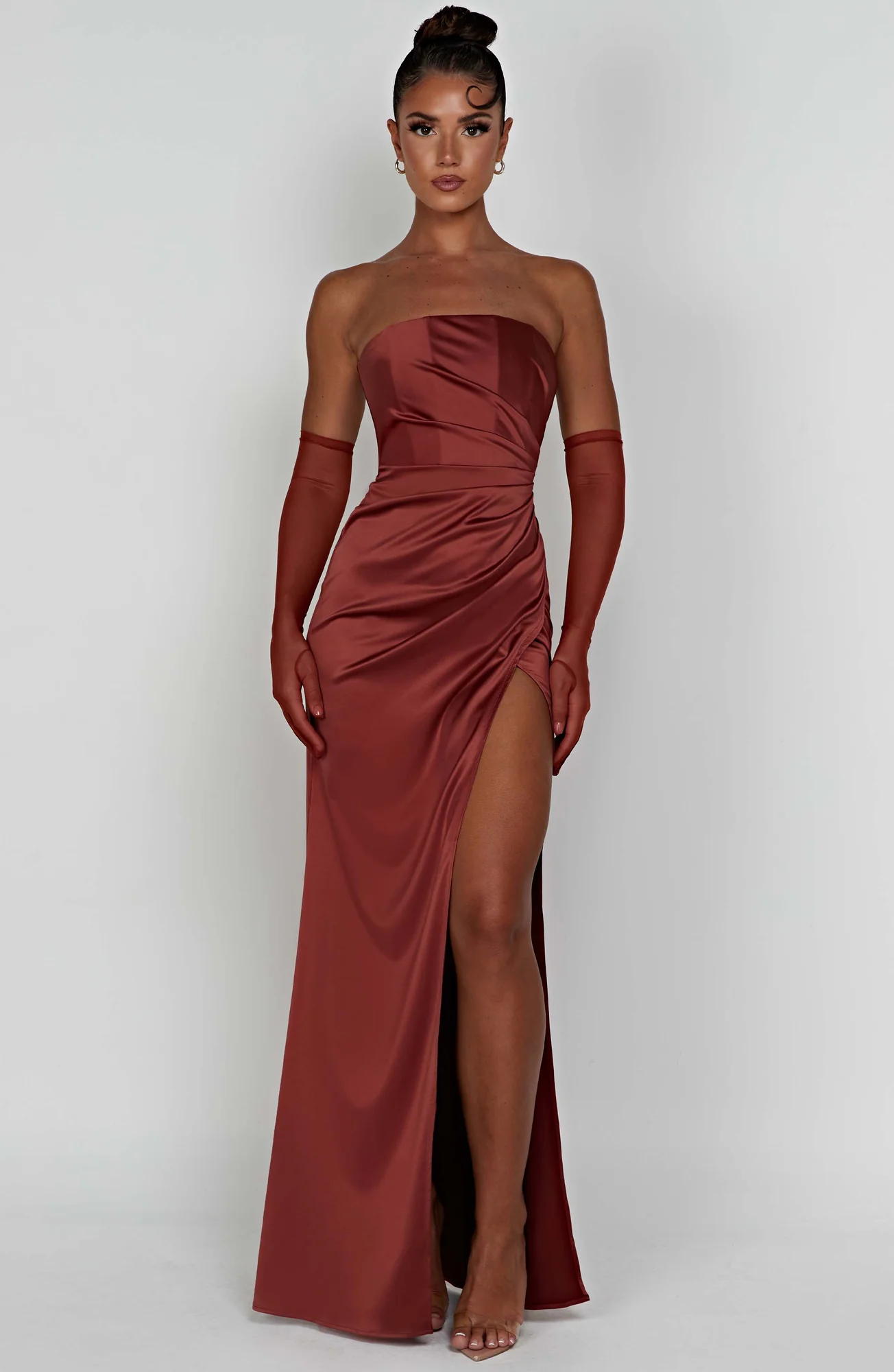 Rust Satin Maxi Dress with Hidden Corset Detail