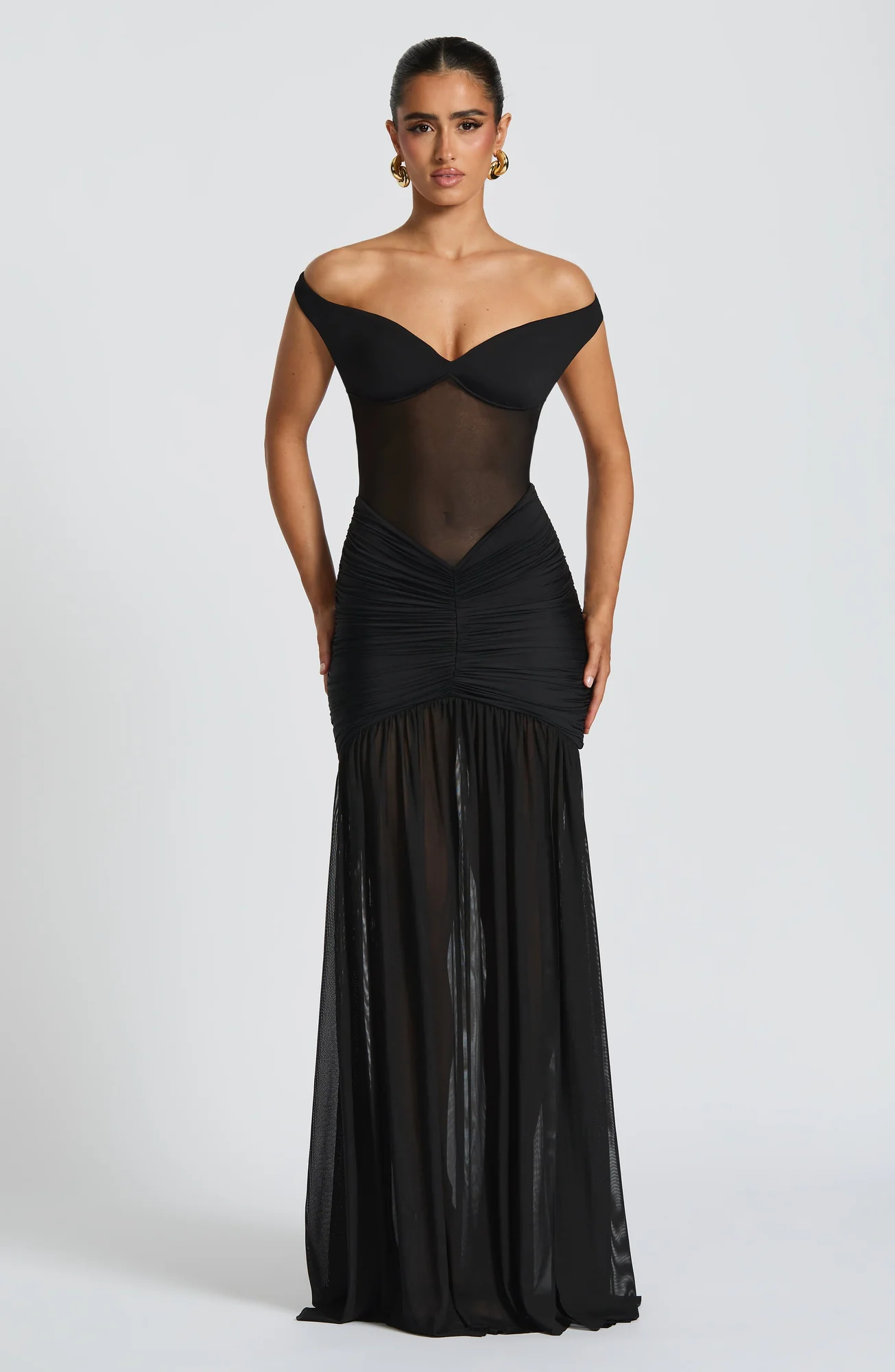 Black Elegant Mesh Bardot Maxi Dress
