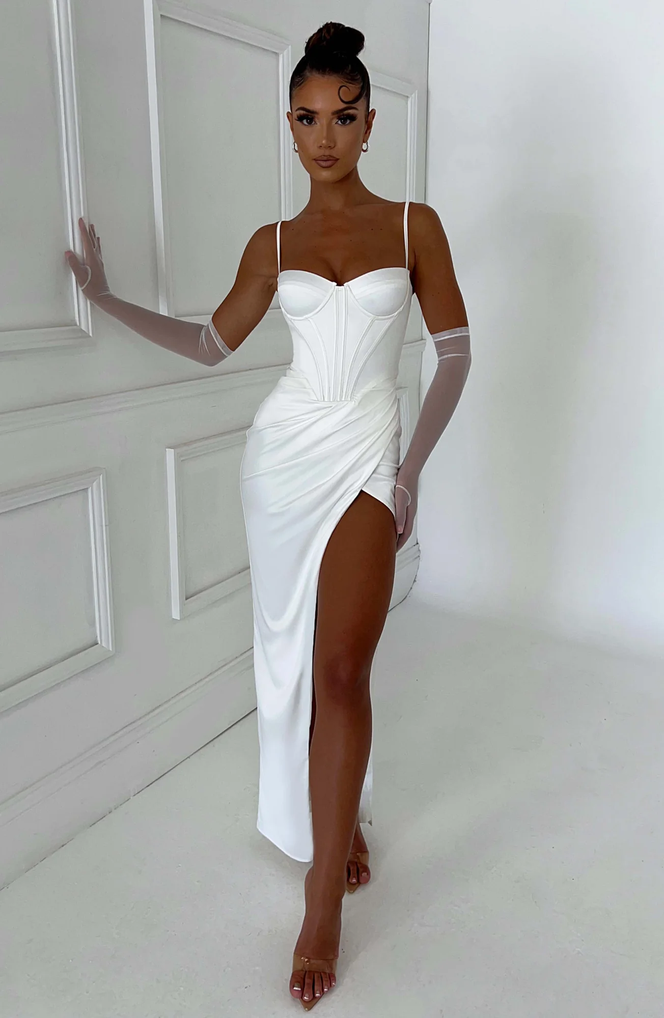 Ivory Corset Waist Maxi Dress | Elegant Satin Formal Wear