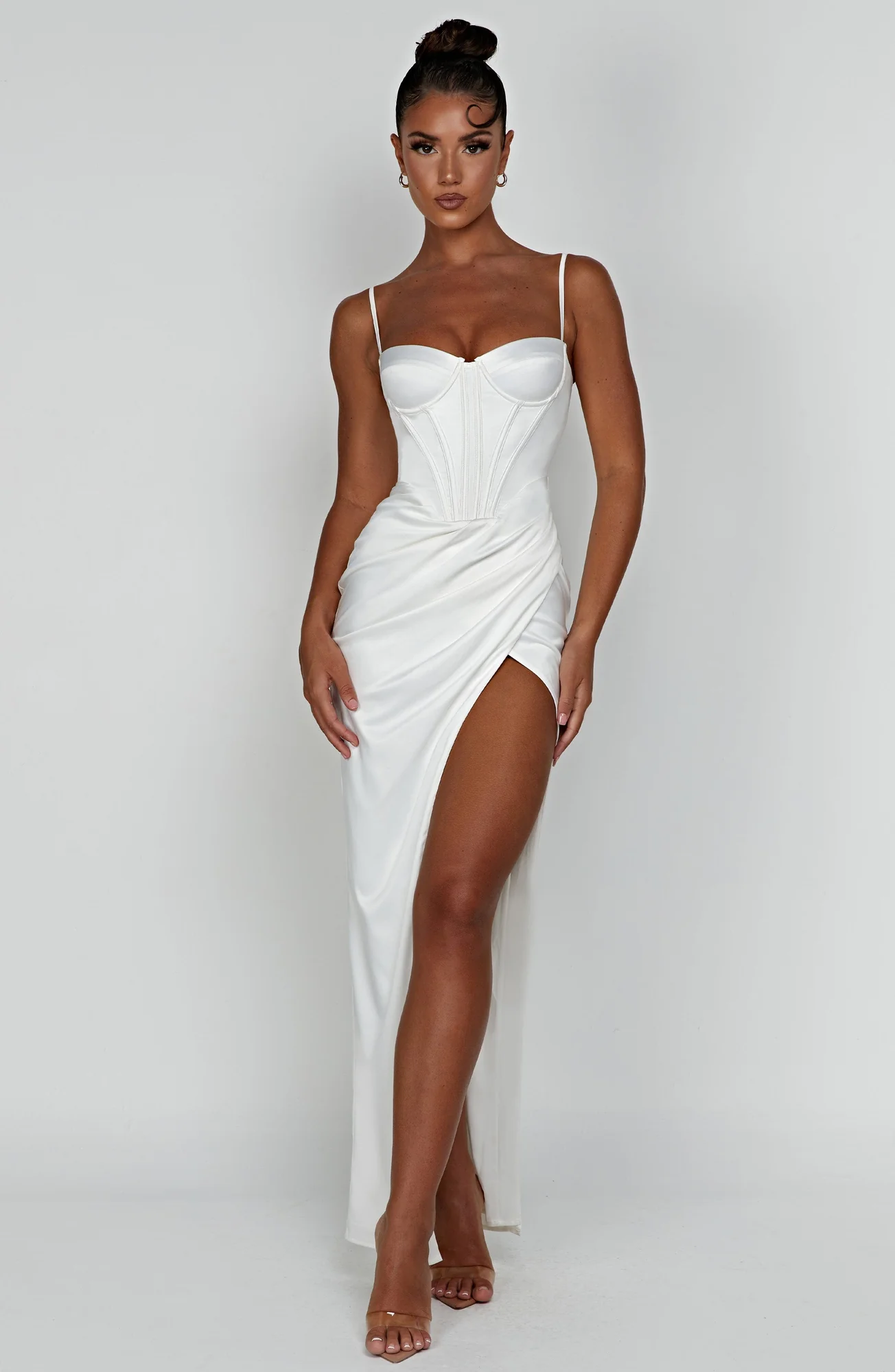 Ivory Corset Waist Maxi Dress | Elegant Satin Formal Wear