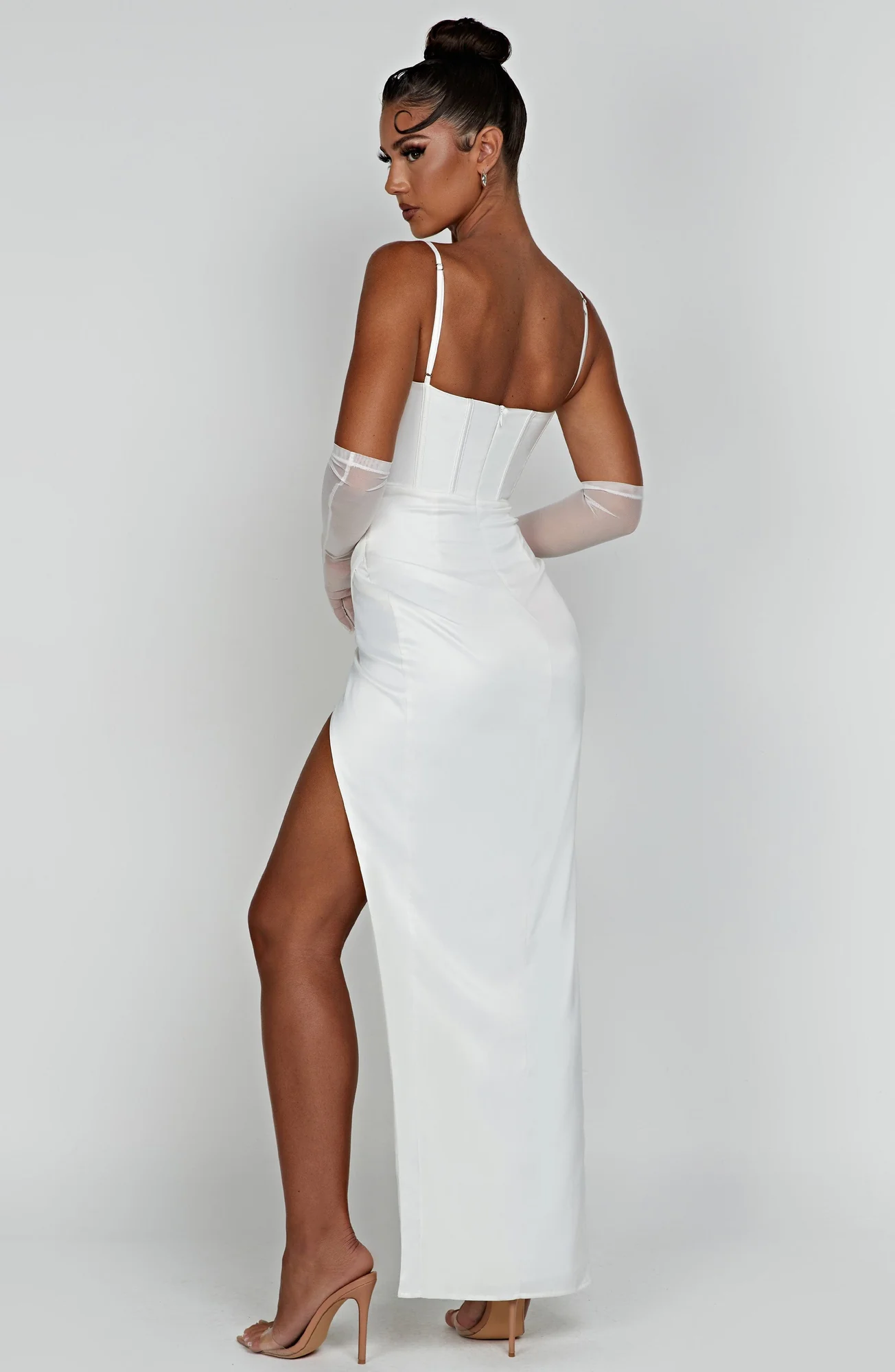 Ivory Corset Waist Maxi Dress | Elegant Satin Formal Wear