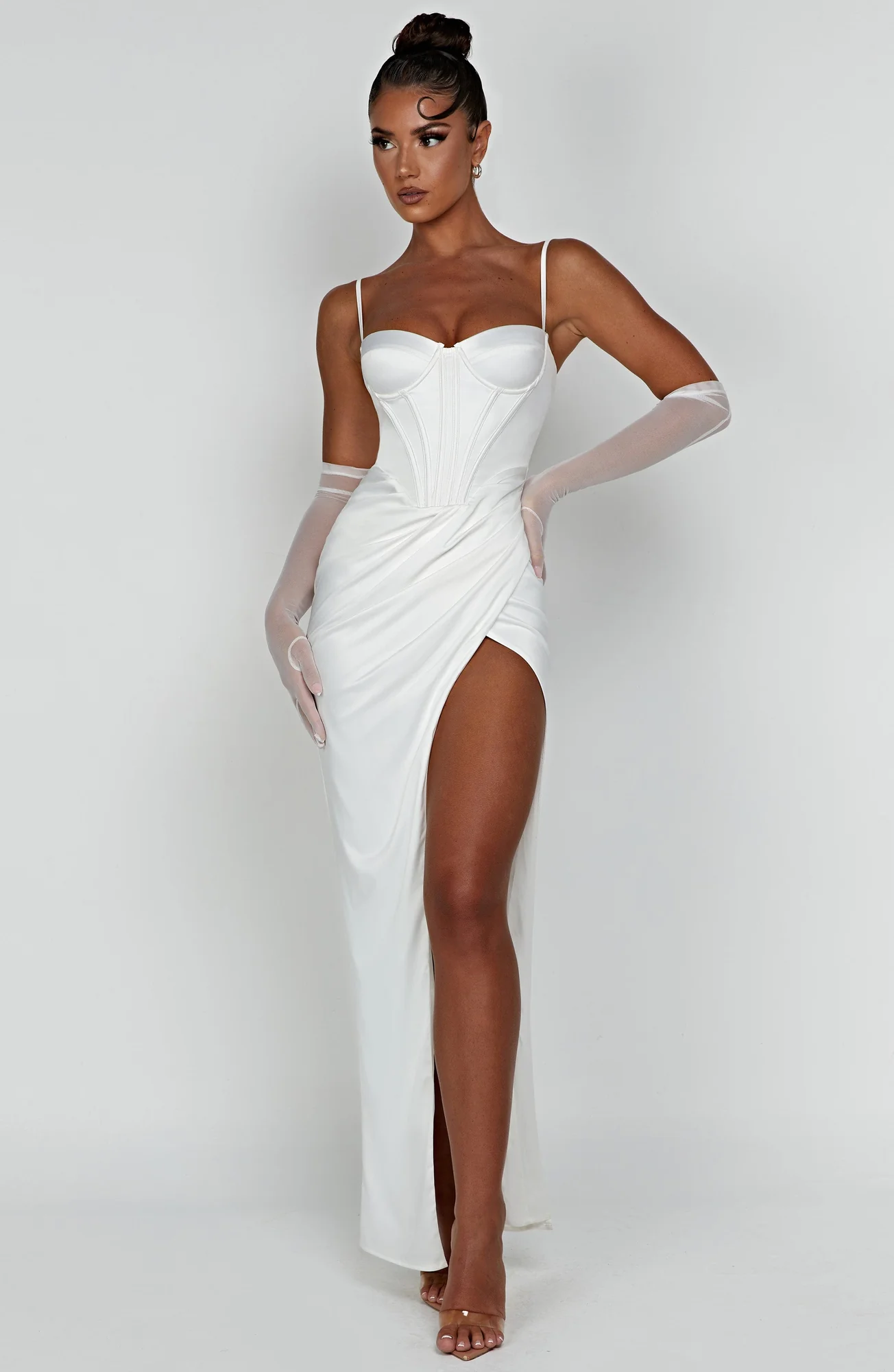 Ivory Corset Waist Maxi Dress | Elegant Satin Formal Wear