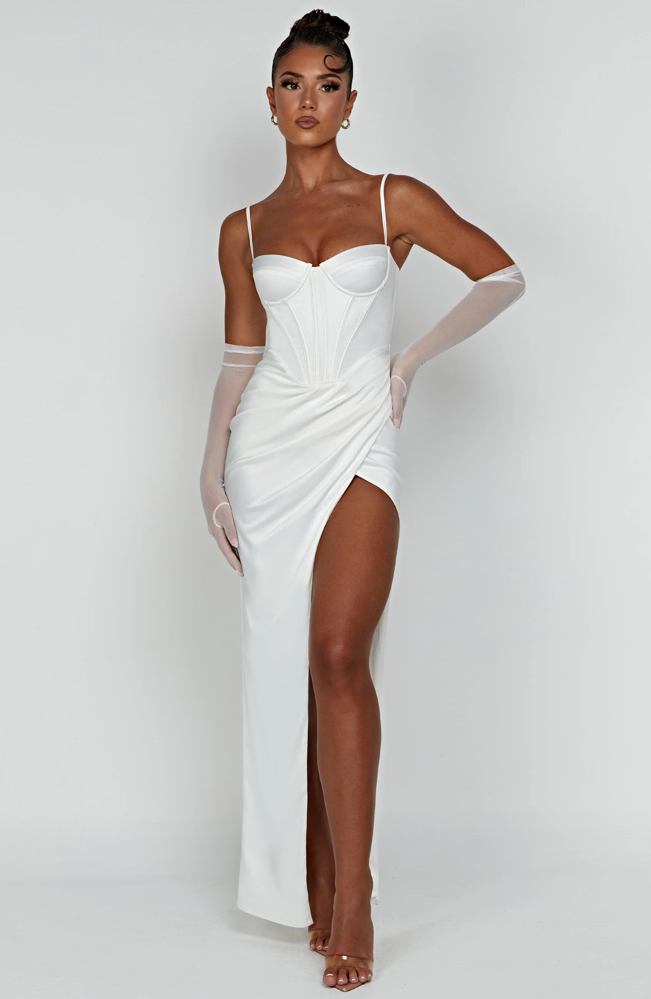 Ivory Corset Waist Maxi Dress | Elegant Satin Formal Wear