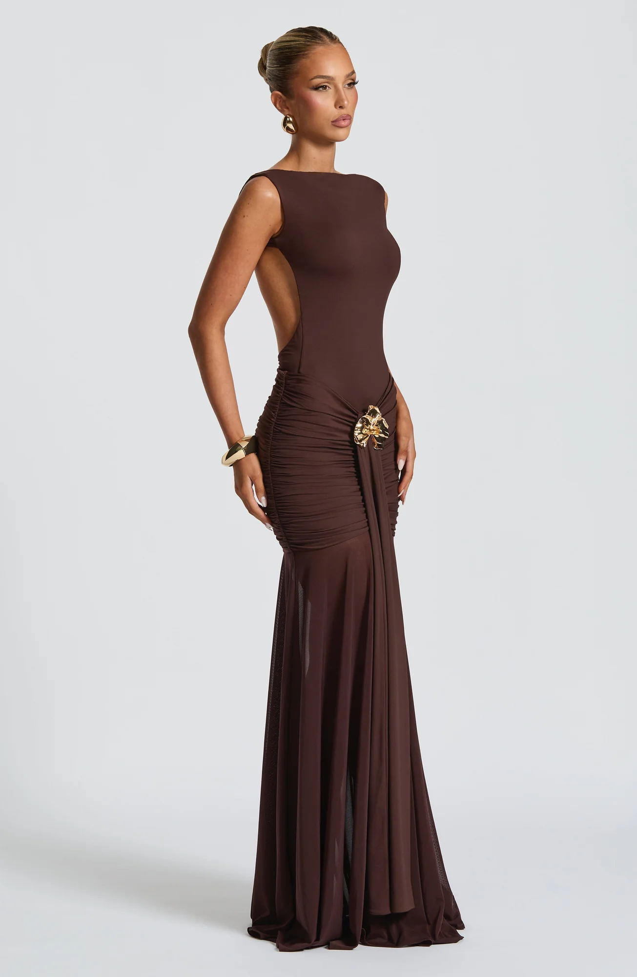 Plum Brown Maxi Skirt - Elegant Jersey Mesh Blend