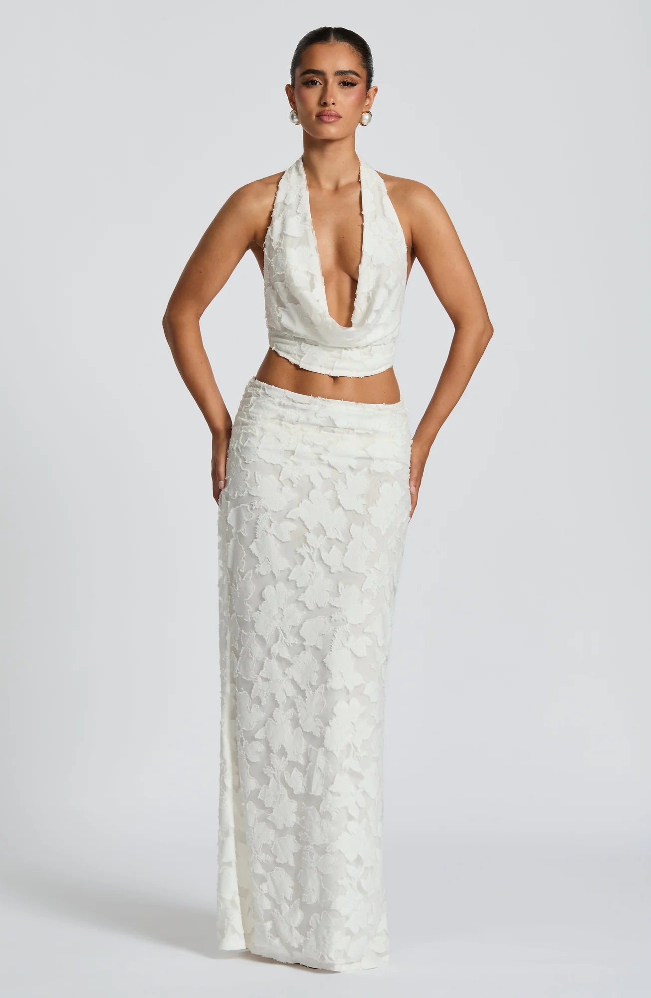 Floral Burnout Jersey Maxi Skirt - Elegant Ivory