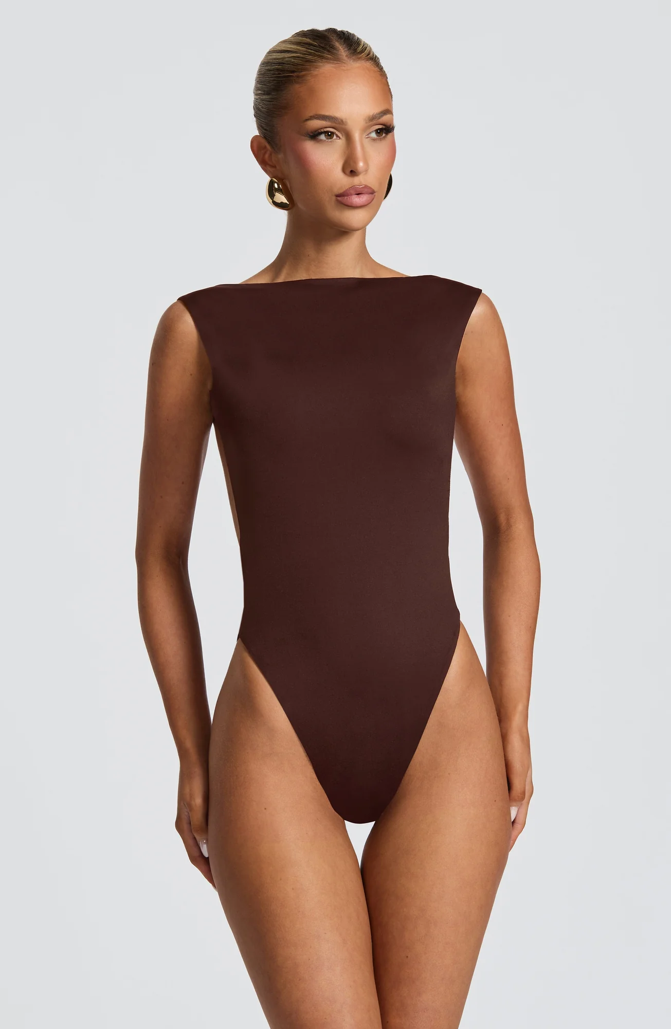 Plum Brown Slinky Jersey Bodysuit - Womens Elegant Dress