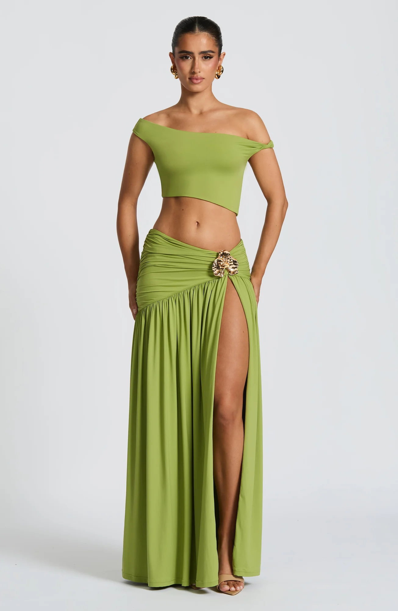 Asymmetric Olive Mesh Crop Top - Elegant Twist Detail
