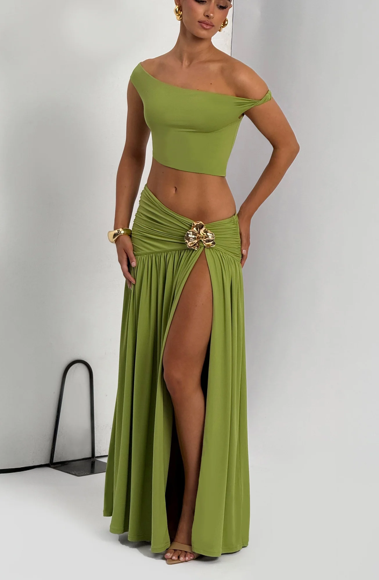 Asymmetric Olive Mesh Crop Top - Elegant Twist Detail