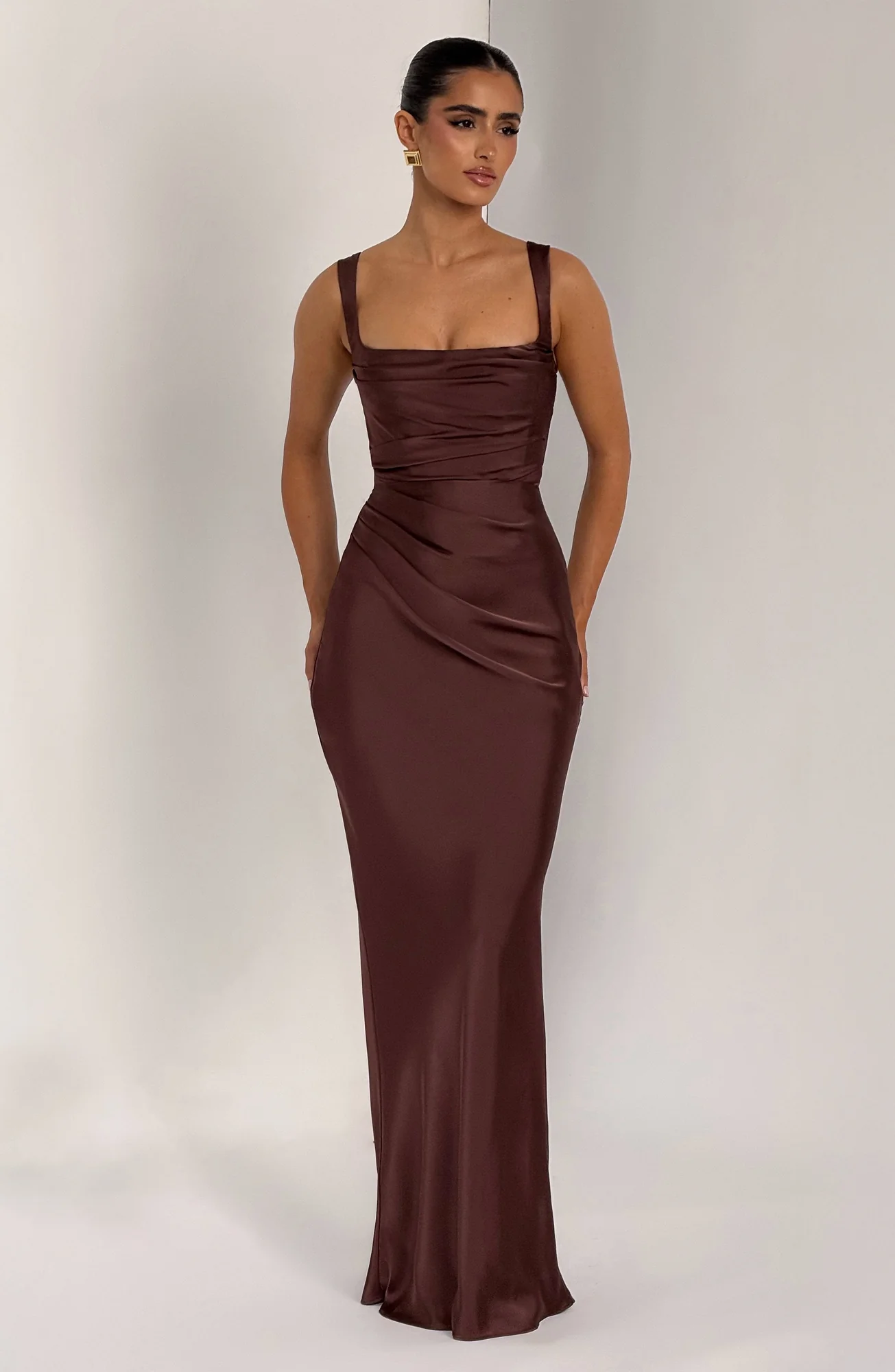 Elegant Plum Brown Satin Maxi Dress with Lace-Up Back