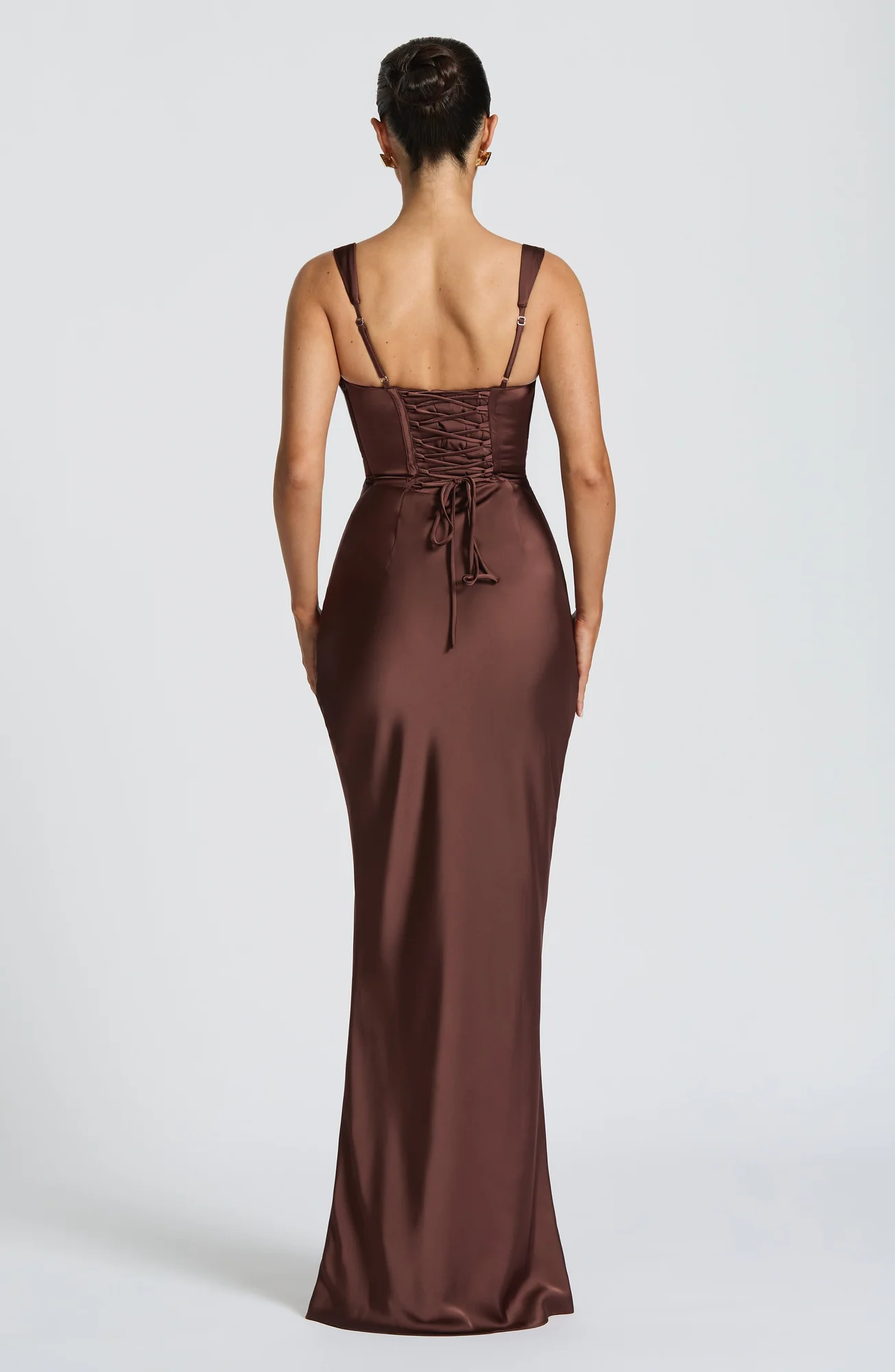 Elegant Plum Brown Satin Maxi Dress with Lace-Up Back