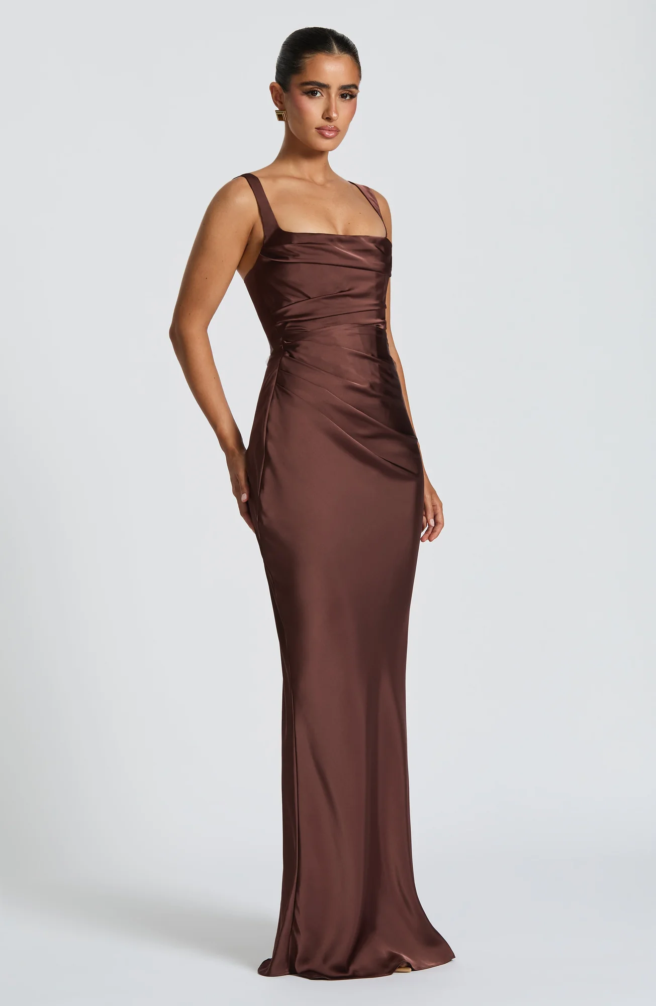 Elegant Plum Brown Satin Maxi Dress with Lace-Up Back
