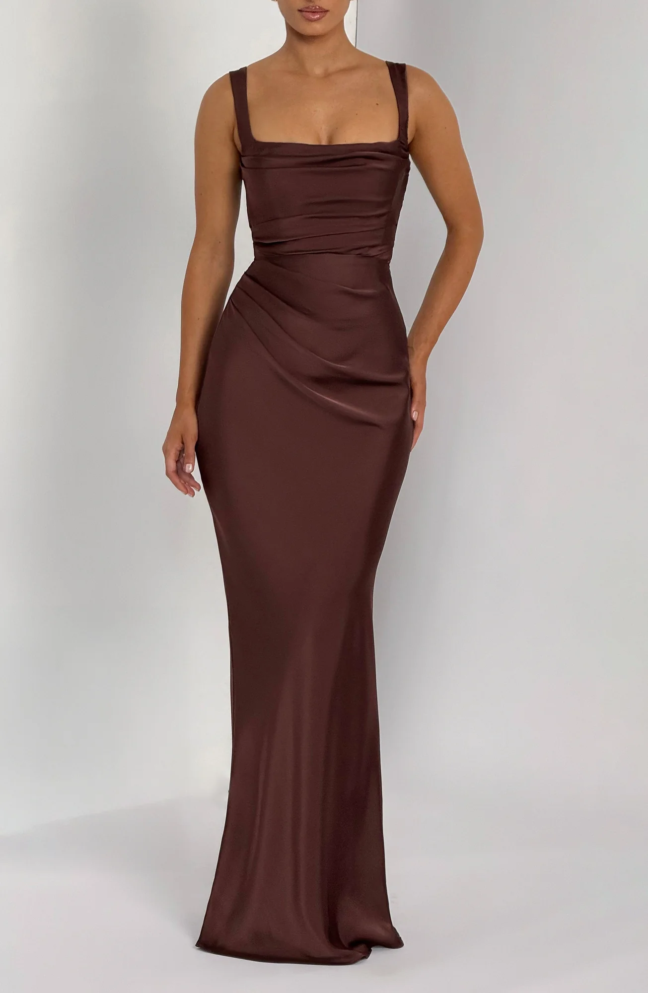 Elegant Plum Brown Satin Maxi Dress with Lace-Up Back