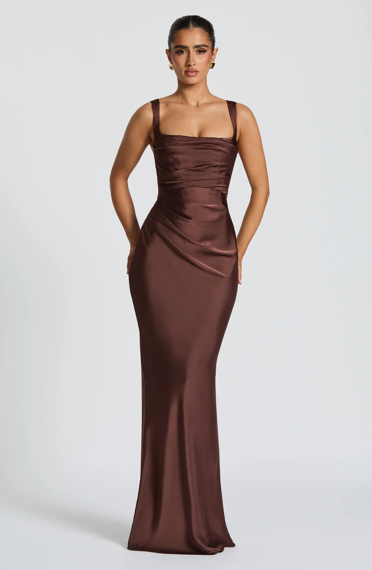 Elegant Plum Brown Satin Maxi Dress with Lace-Up Back