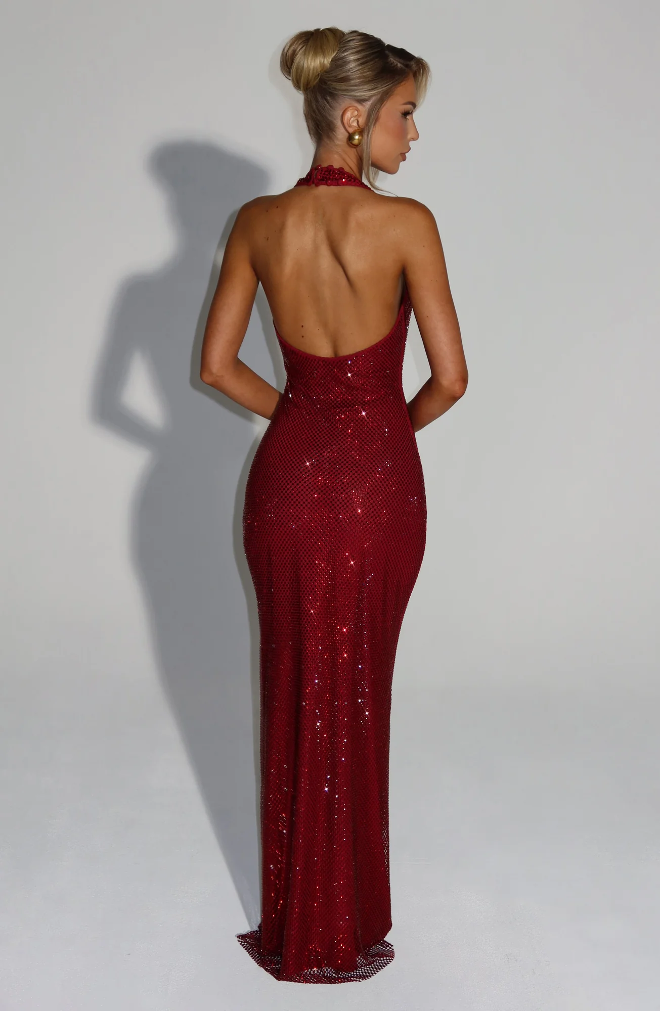 Wine Halter Maxi Dress with Hotfix Rhinestones