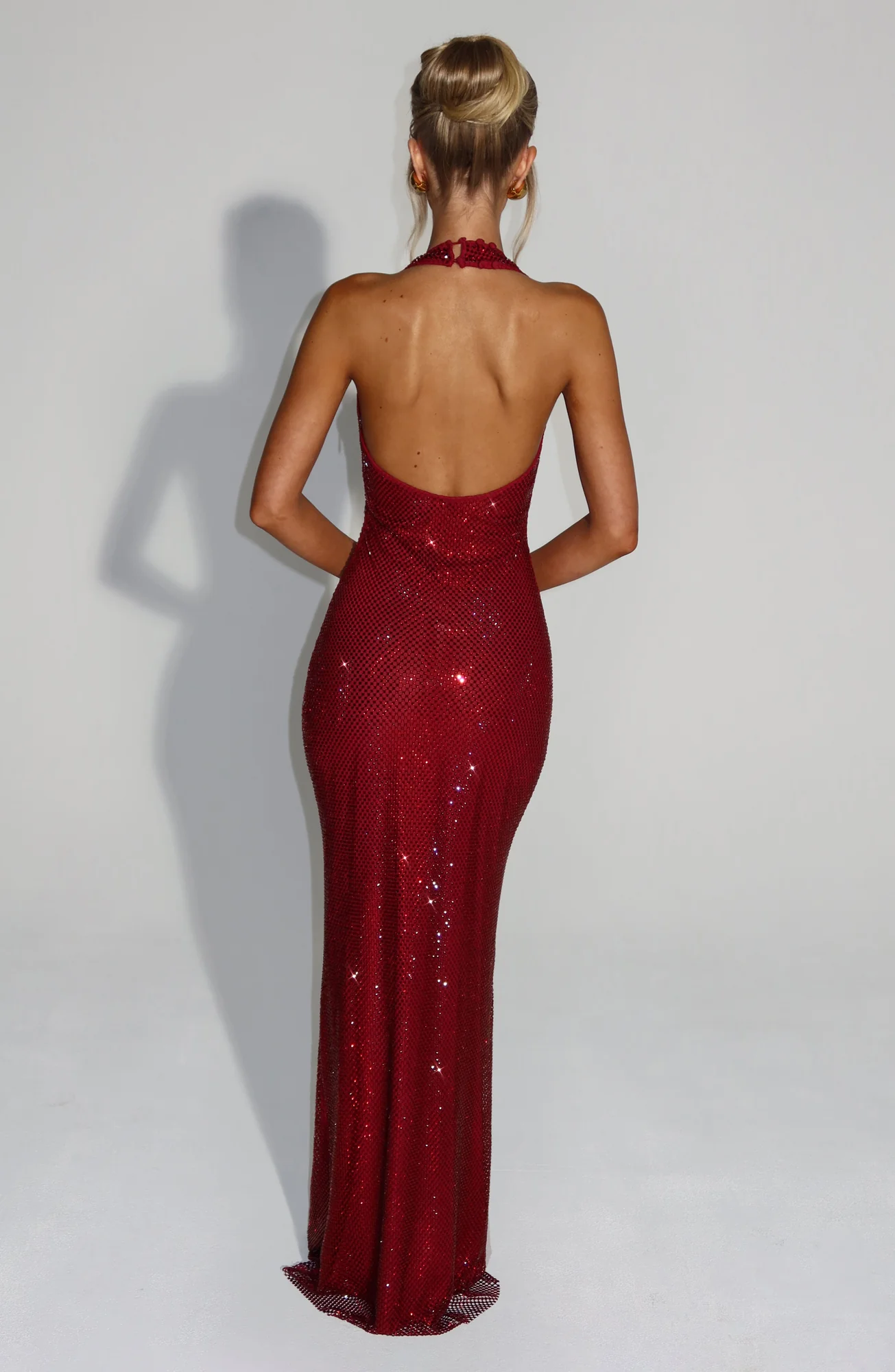 Wine Halter Maxi Dress with Hotfix Rhinestones