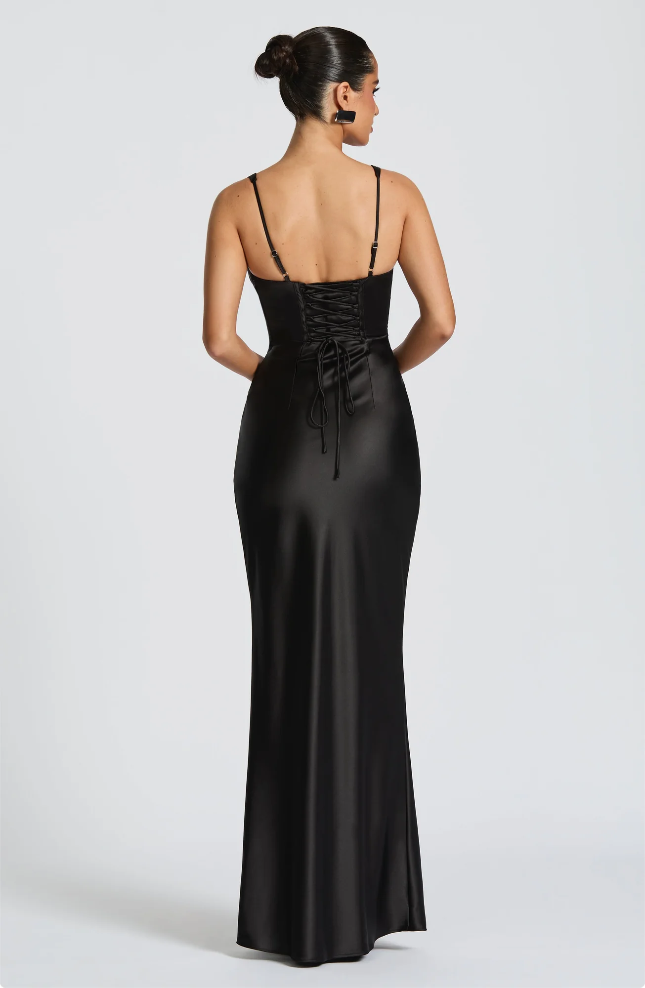 Black Satin Maxi Dress with Lace-Up Back