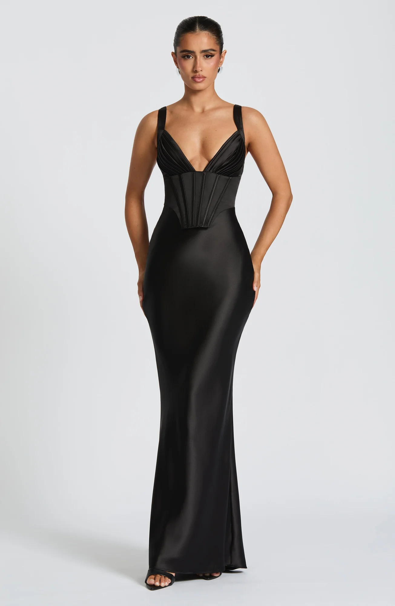 Black Satin Maxi Dress with Lace-Up Back