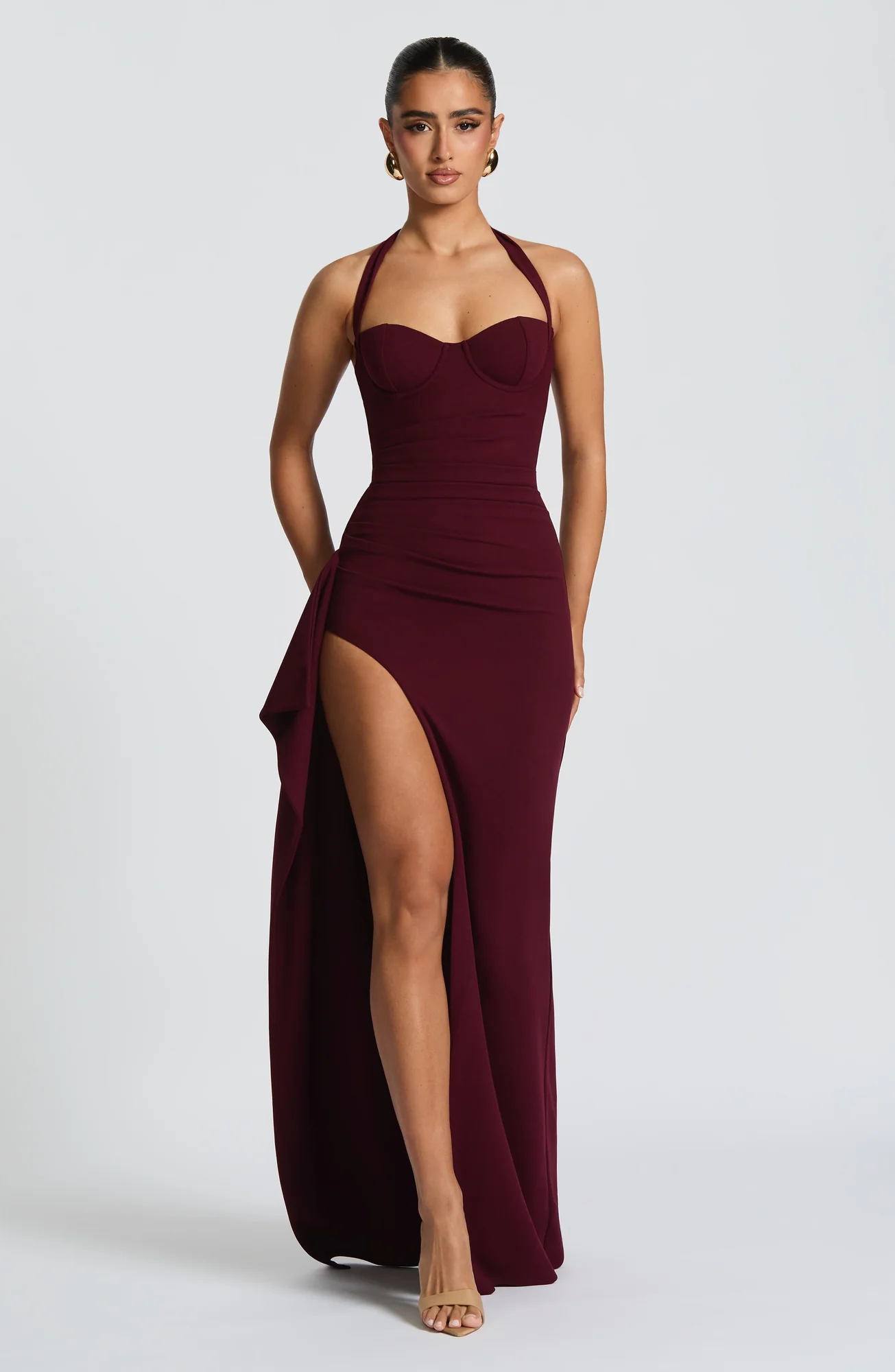 Cherry Lacquer Maxi Dress - Elegant Draped Halter Neck Design